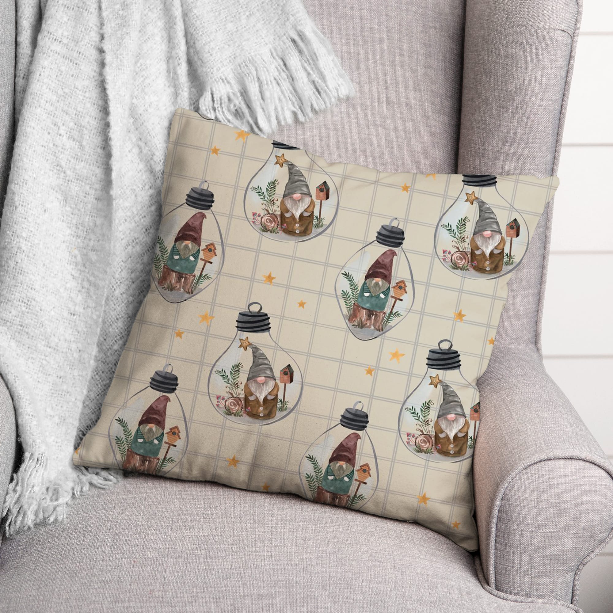 Gray Check Gnome Globe Pattern Throw Pillow