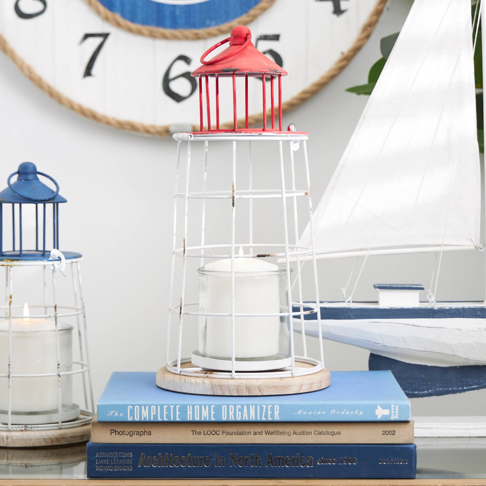 15" Red Metal Distressed Decorative Light House Candle Lantern