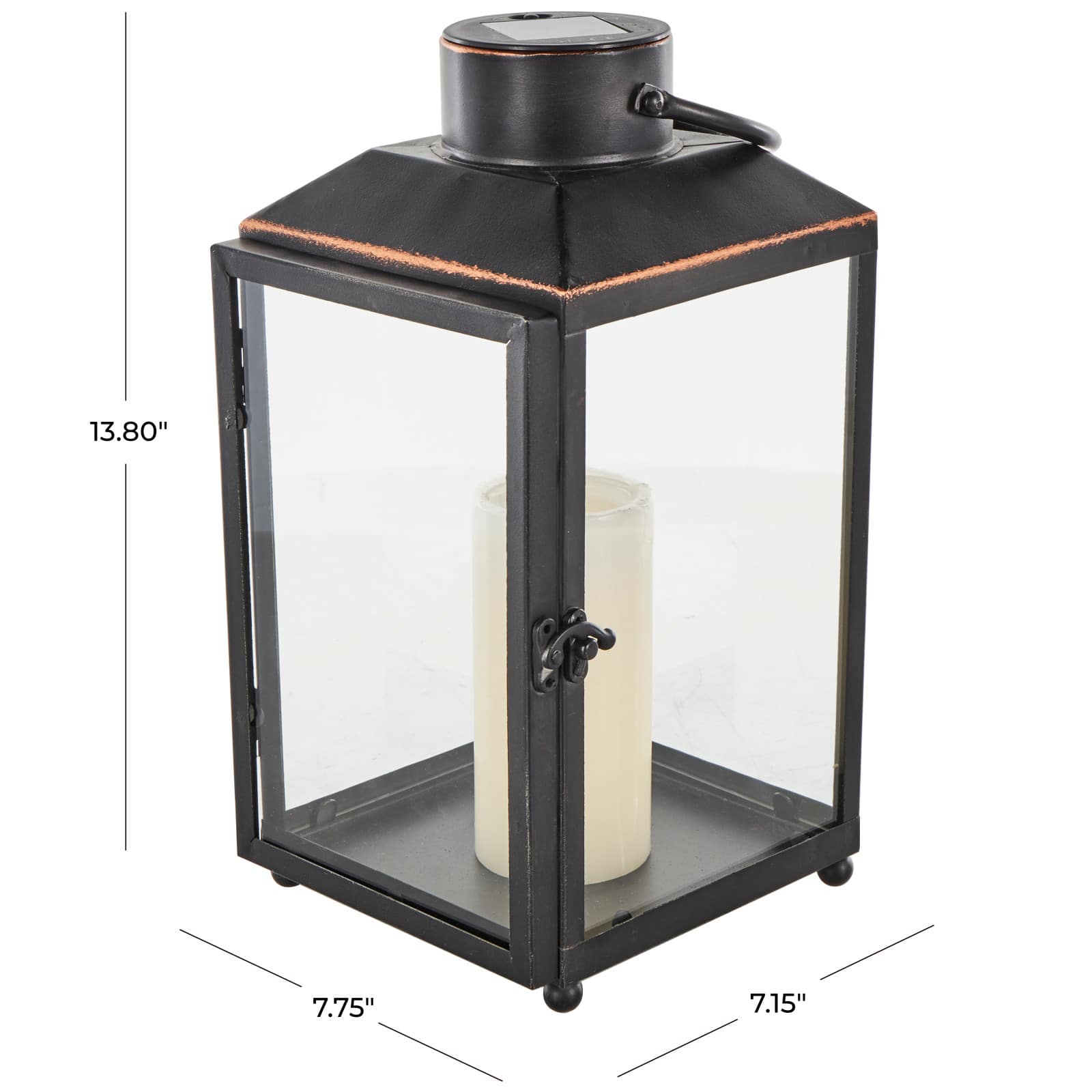 14" Black Metal Modern Candle Lantern with Gold Accents