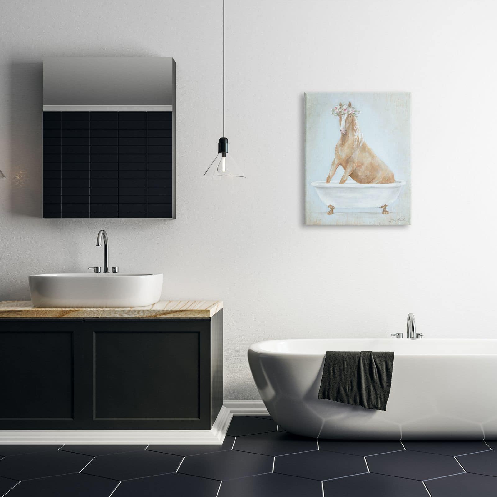 Stupell Industries Country Horse in Farm Bathtub Pink Floral Crown Canvas Wall Art