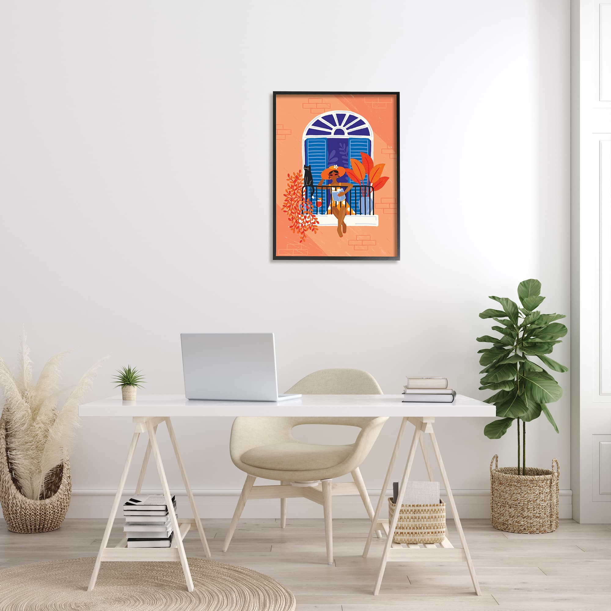 Stupell Industries Woman Reading Balcony Perched Cat Tropical Plants in Frame Wall Art