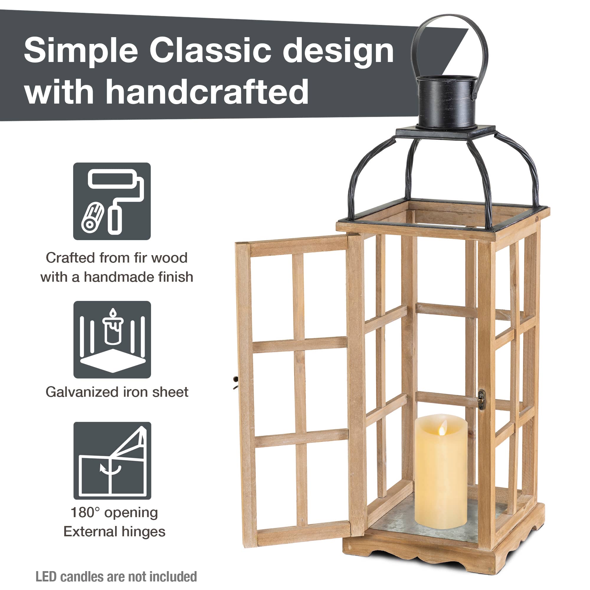 Glitzhome® Farmhouse Natural Wood & Black Metal Lantern Set