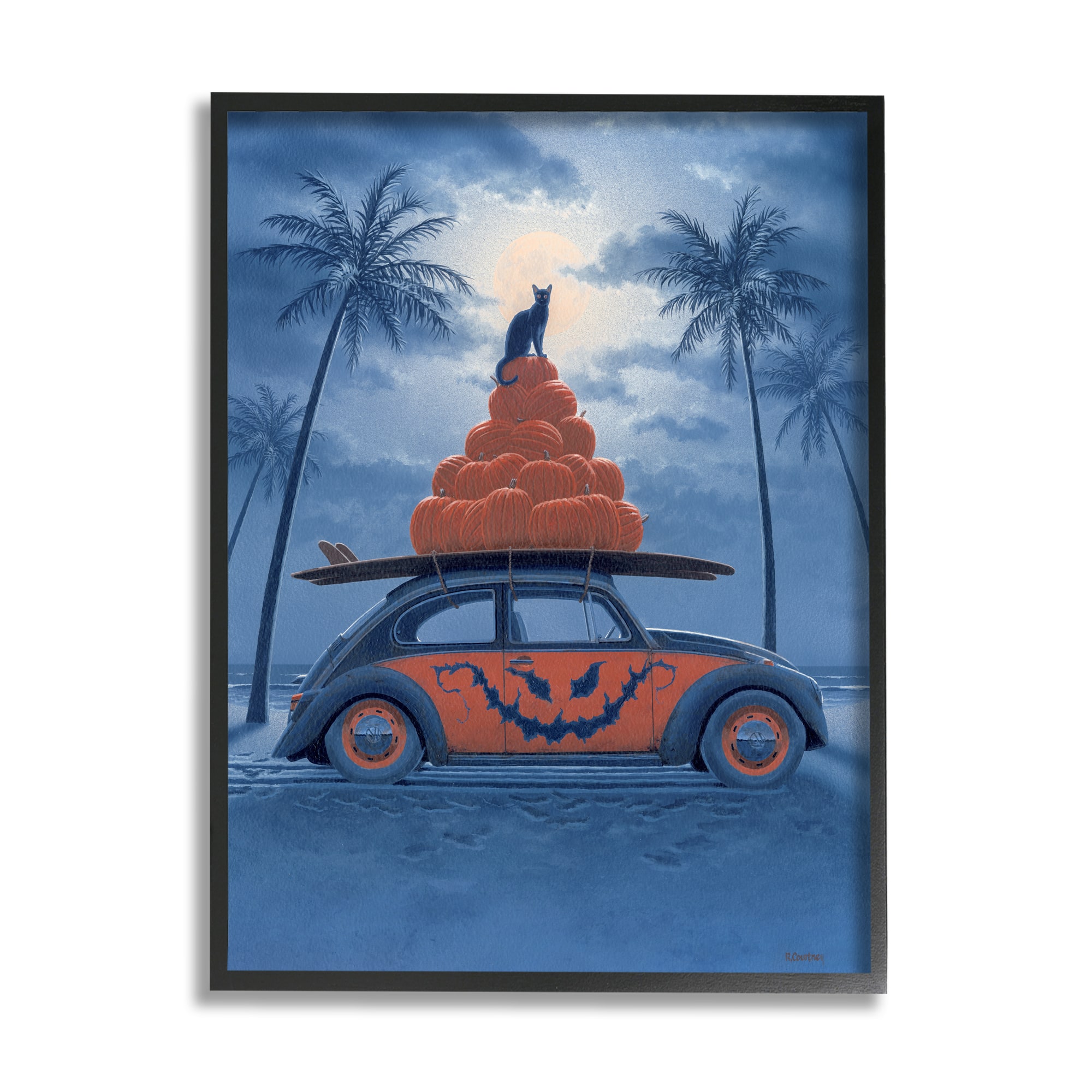 Stupell Industries Spooky Tropical Beach Pumpkin Car Framed Giclee Art