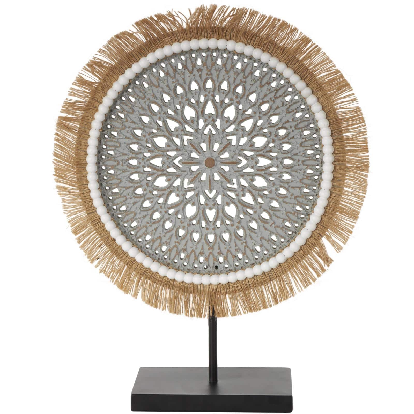 17.75" Gray Wooden Tribal Handmade Seagrass Fringed Decorative Sculpture with Black Base