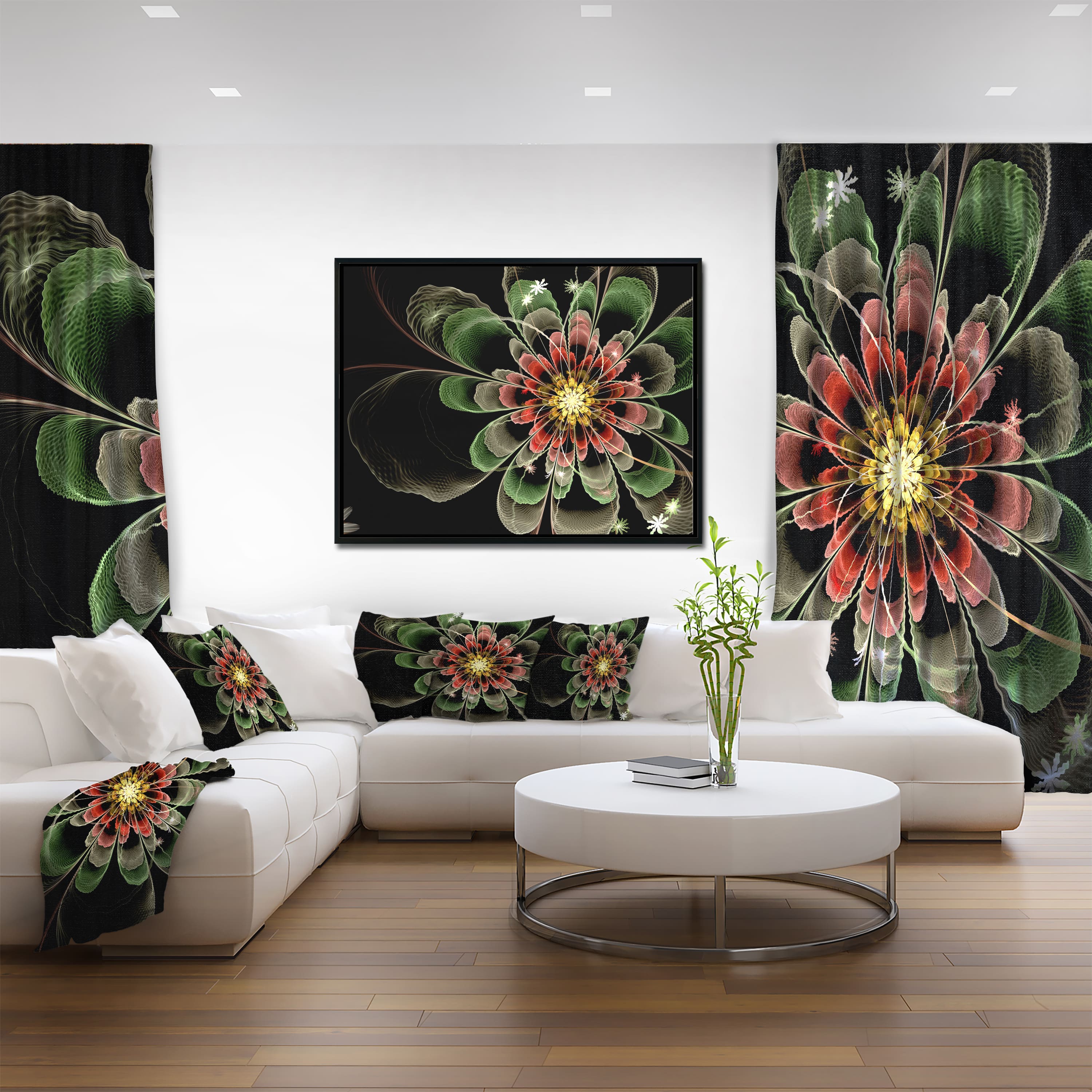 Designart - Abstract Green Fractal Flower - Floral Art Canvas Print in Black Frame