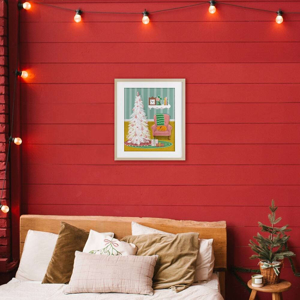 Stupell Industries Pink Cozy Christmas Tree Interior Framed Print Under Glass Wall Art