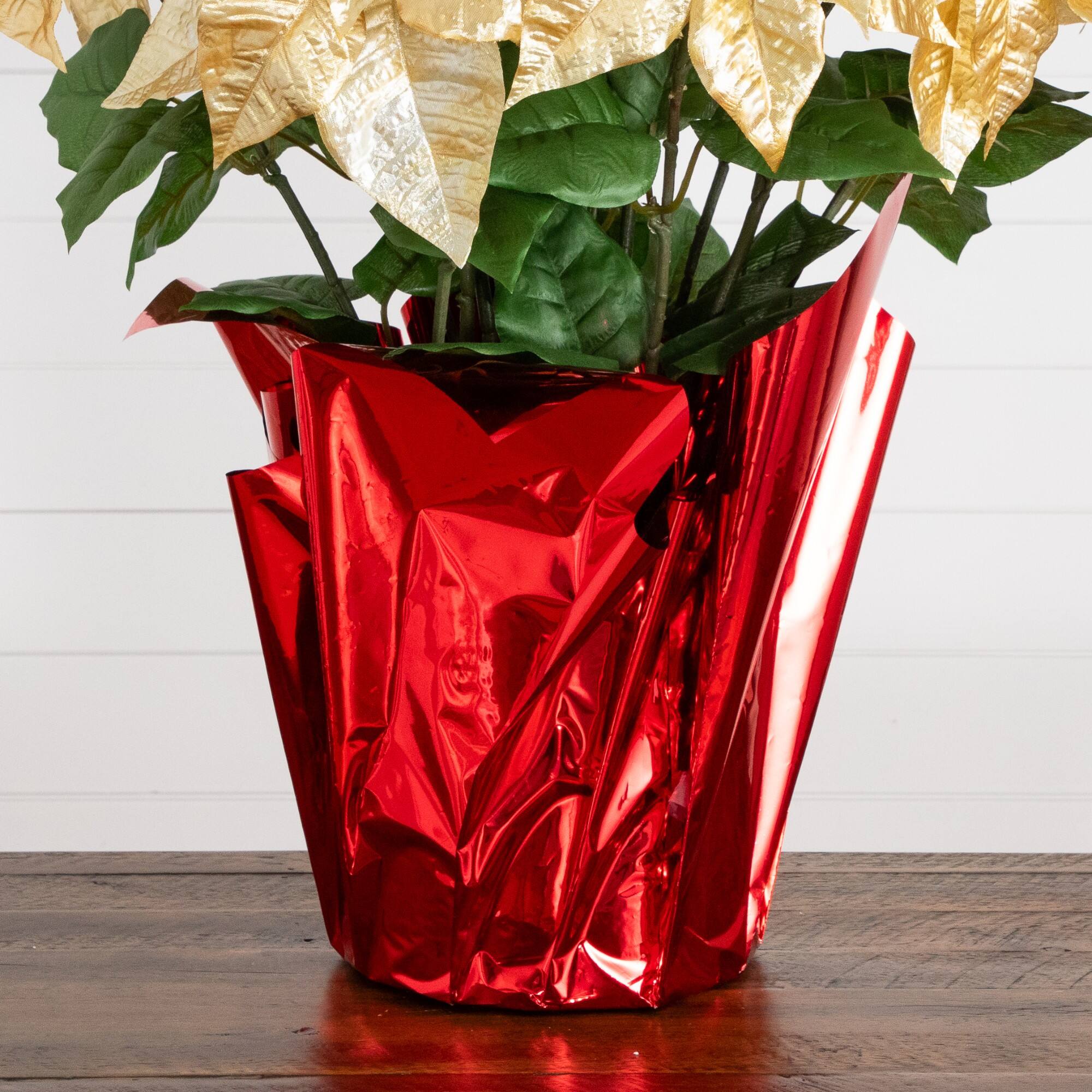 Nearly Natural 30" Artificial Grand Velvet Poinsettia in Red Wrapped Planter