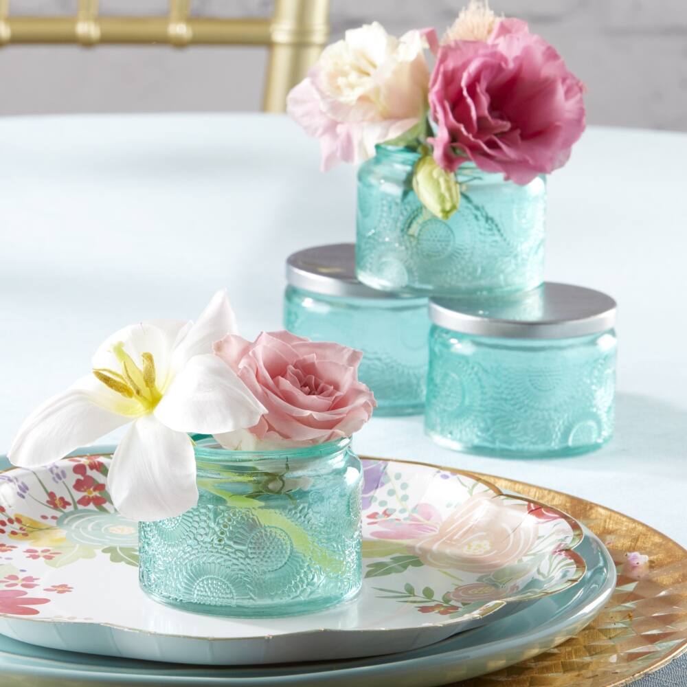 Kate Aspen® Garden Blooms Blue Glass Tea Light Holder, 4ct.