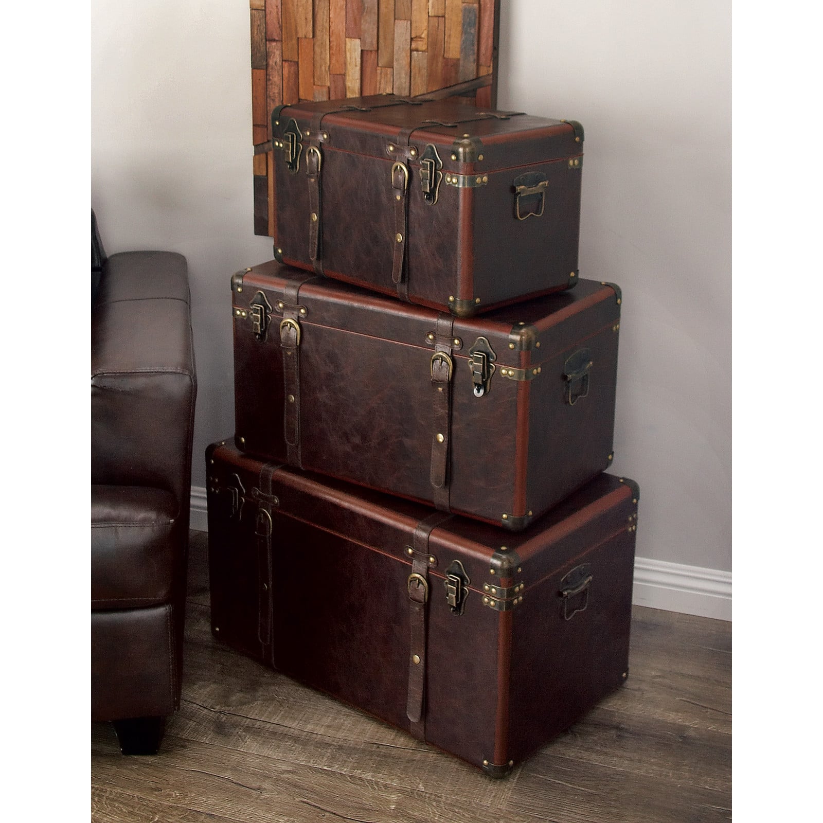 Set of 3" Brown Leather Traditional Trunk, 19", 24", 27"