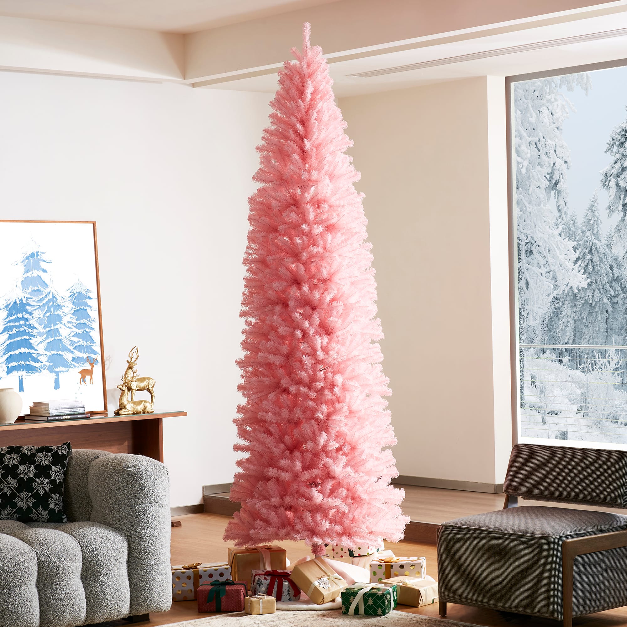 9ft. Unlit Pink Pencil Tinsel Artificial Christmas Tree
