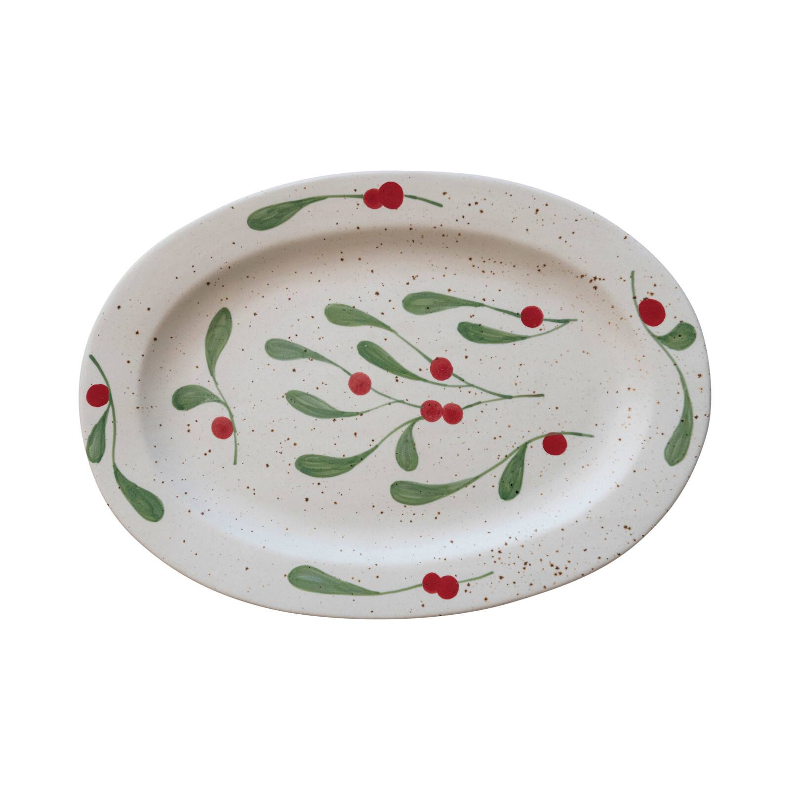 Hello Honey® 18" Hand-Painted Speckled Stoneware Platter with Holly Leaves & Berries