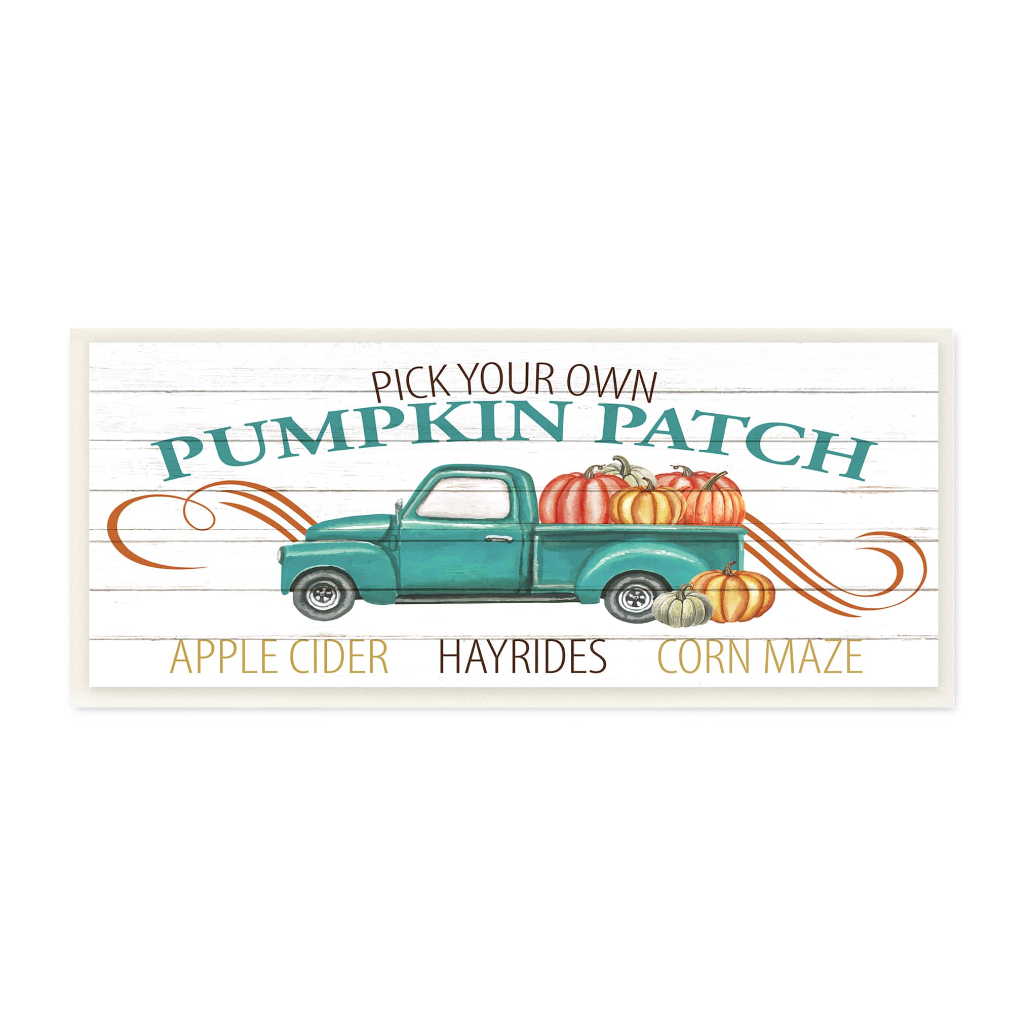 Stupell Industries Turquoise Truck Autumn Harvest Pumpkin Patch Sign Wood Wall Plaque