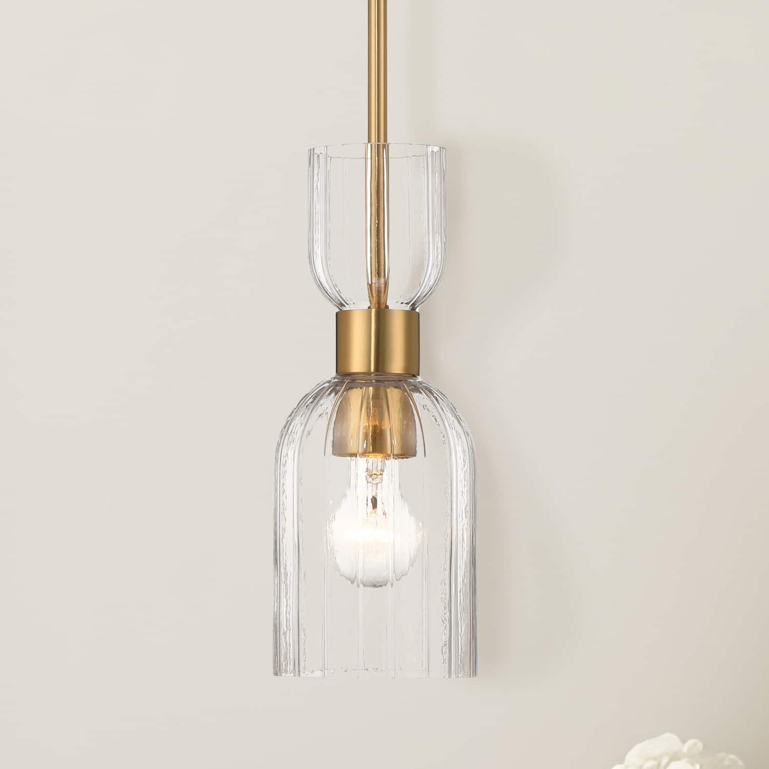 Hello Honey® Josephine Brushed Gold Mid-Century Modern Metal & Clear Ribbed Glass Ceiling Light