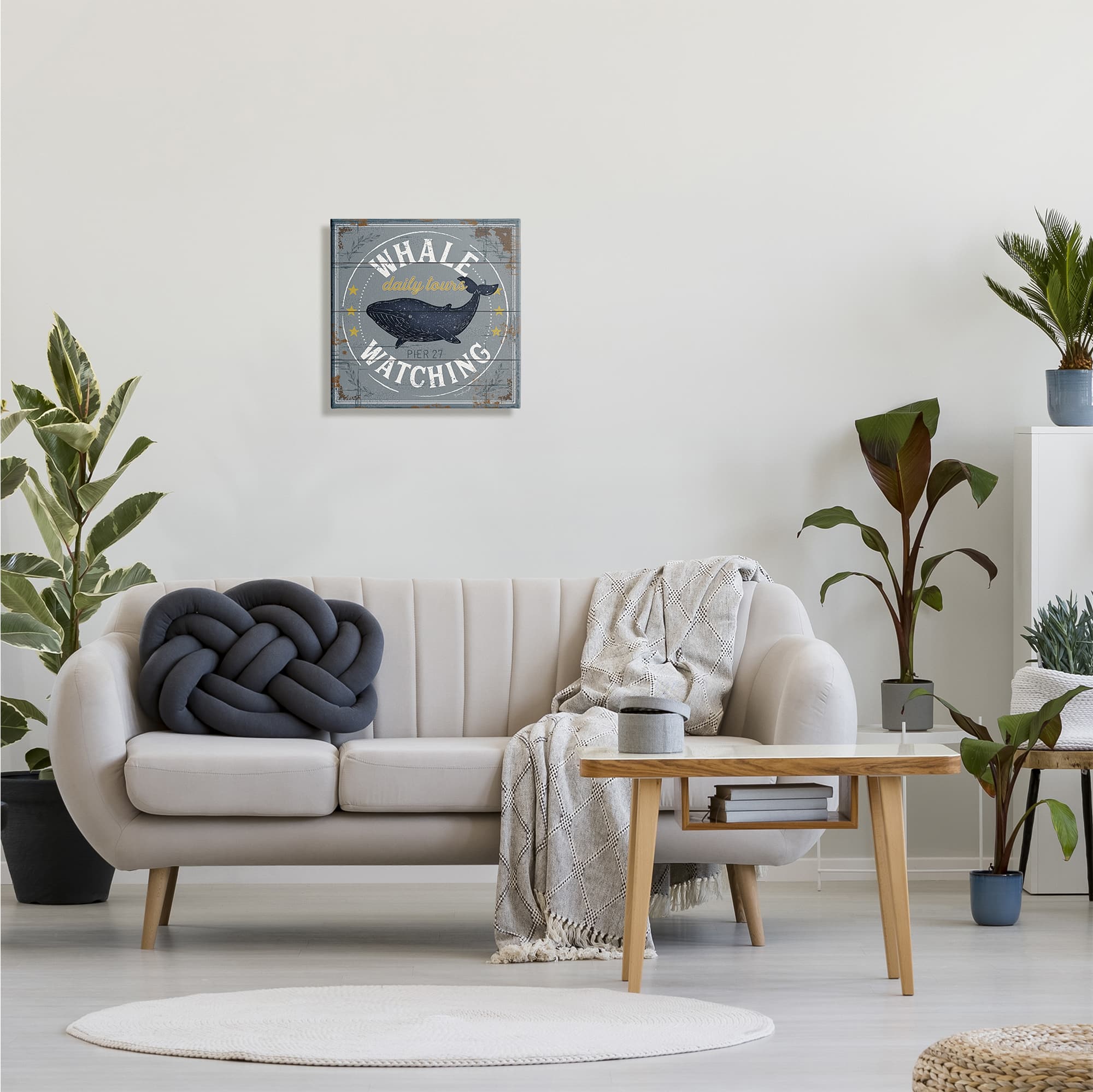 Stupell Industries Whale Watching Tours Sign Rustic Blue Marine Life Canvas Wall Art