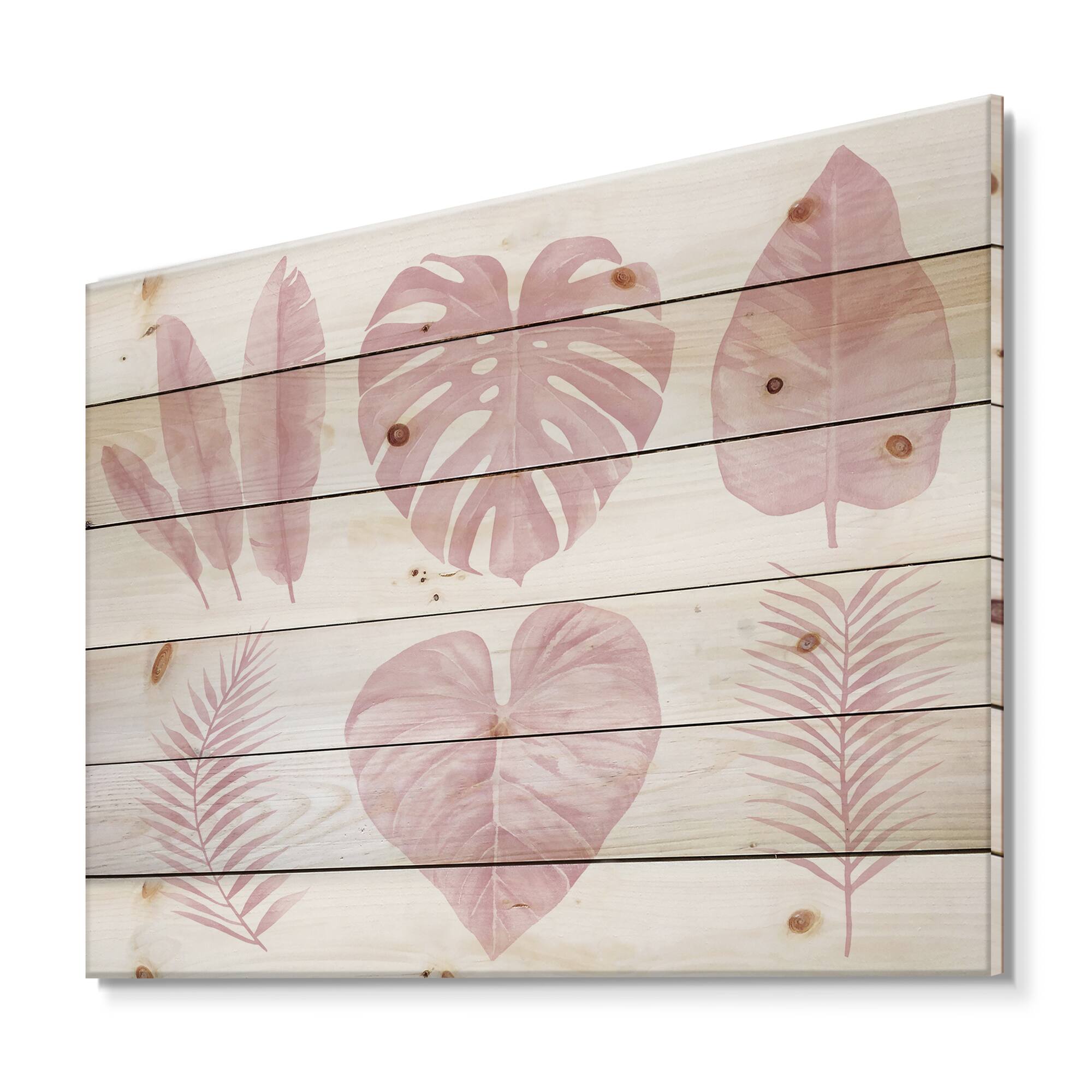 Designart - Tropical Pink Watercolour Leaves I - Shabby Chic Print on Natural Pine Wood