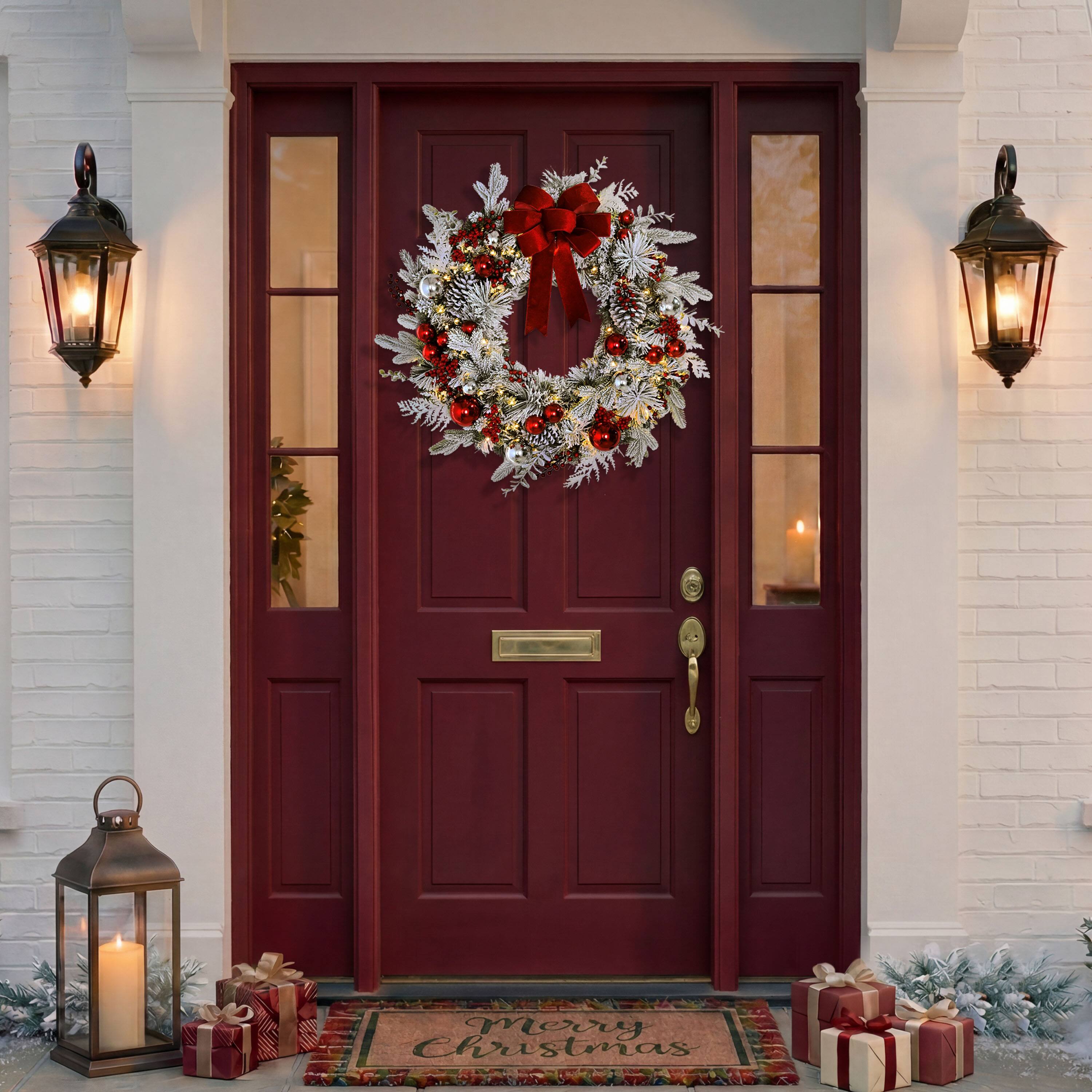 Puleo International 32" Pre-Lit Red Ornaments & Pinecones Flocked Artificial Christmas Wreath