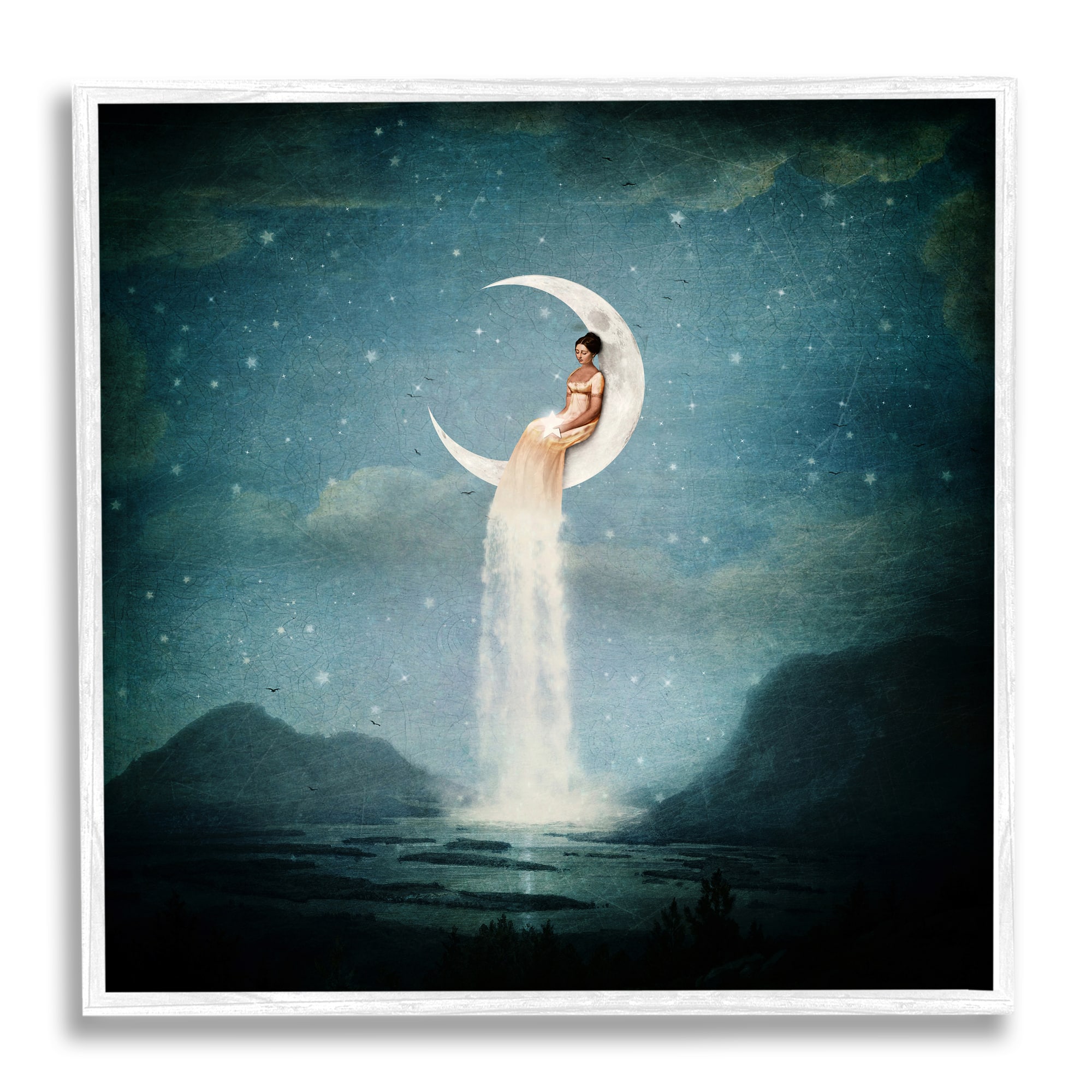 Stupell Industries Mountainous Ocean Landscape Moon Dress Waterfall Framed Giclee Art