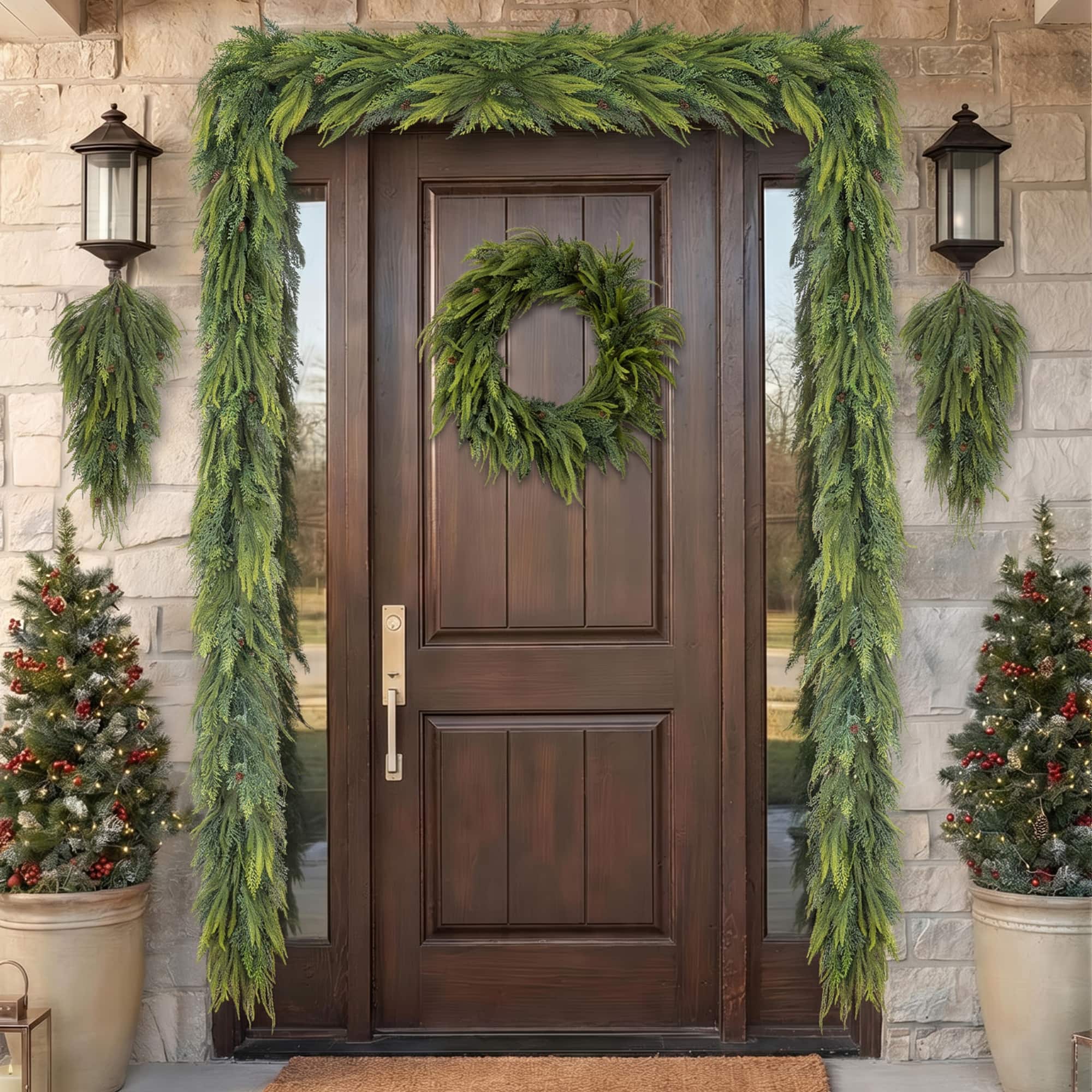 Glitzhome® 9ft. Christmas Full Greenery Mixed PE Dripping Garland with Pinecones, Set of 2