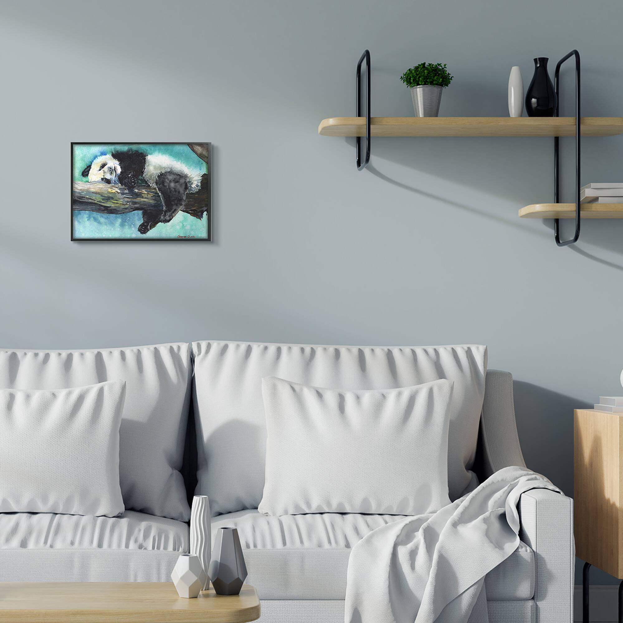 Stupell Industries Sleepy Baby Panda in Tree over Vibrant Blue in Black Frame Wall Art