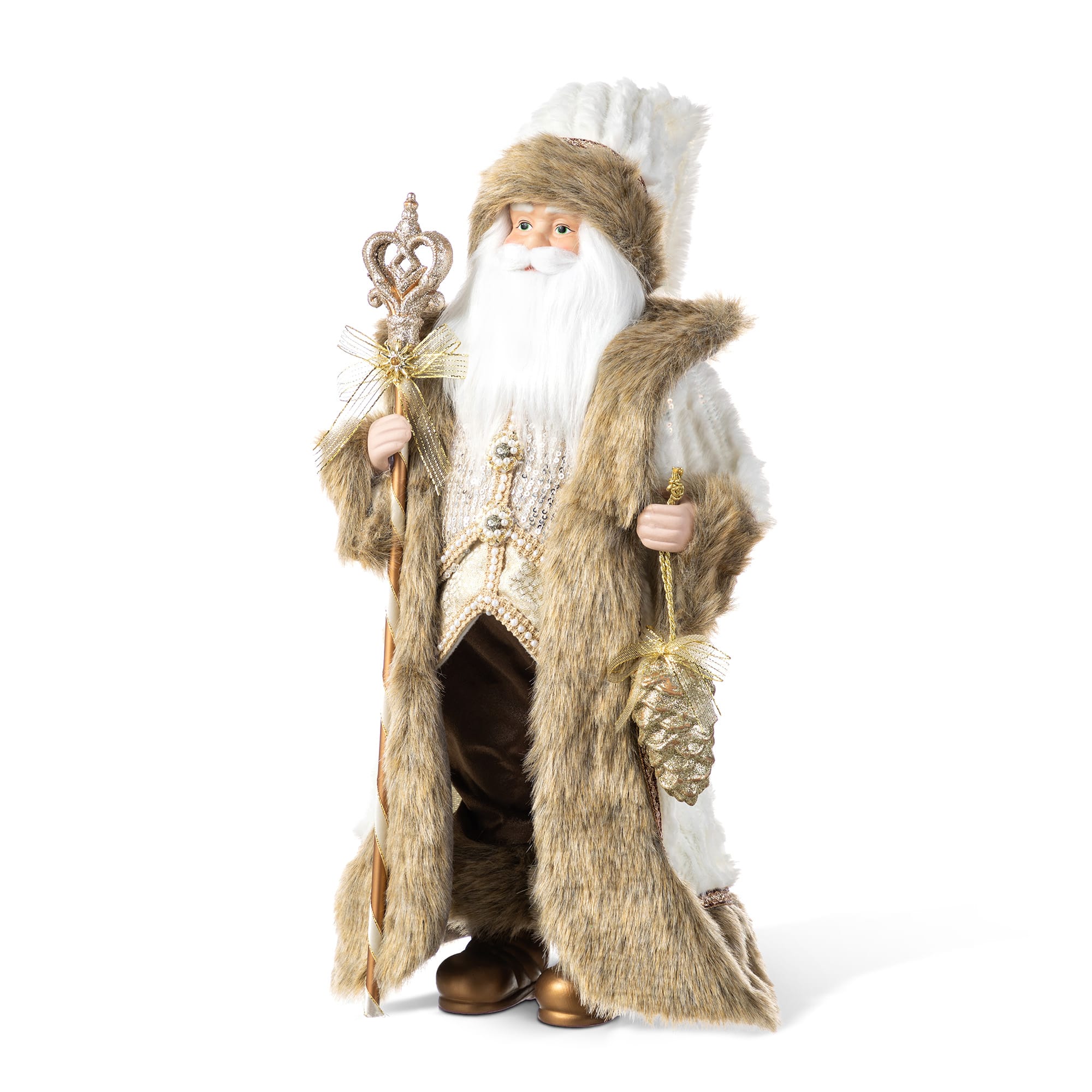 Glitzhome® 18"H Faux Fur Christmas Brown Woodland Santa Figurine with Porcelain Face