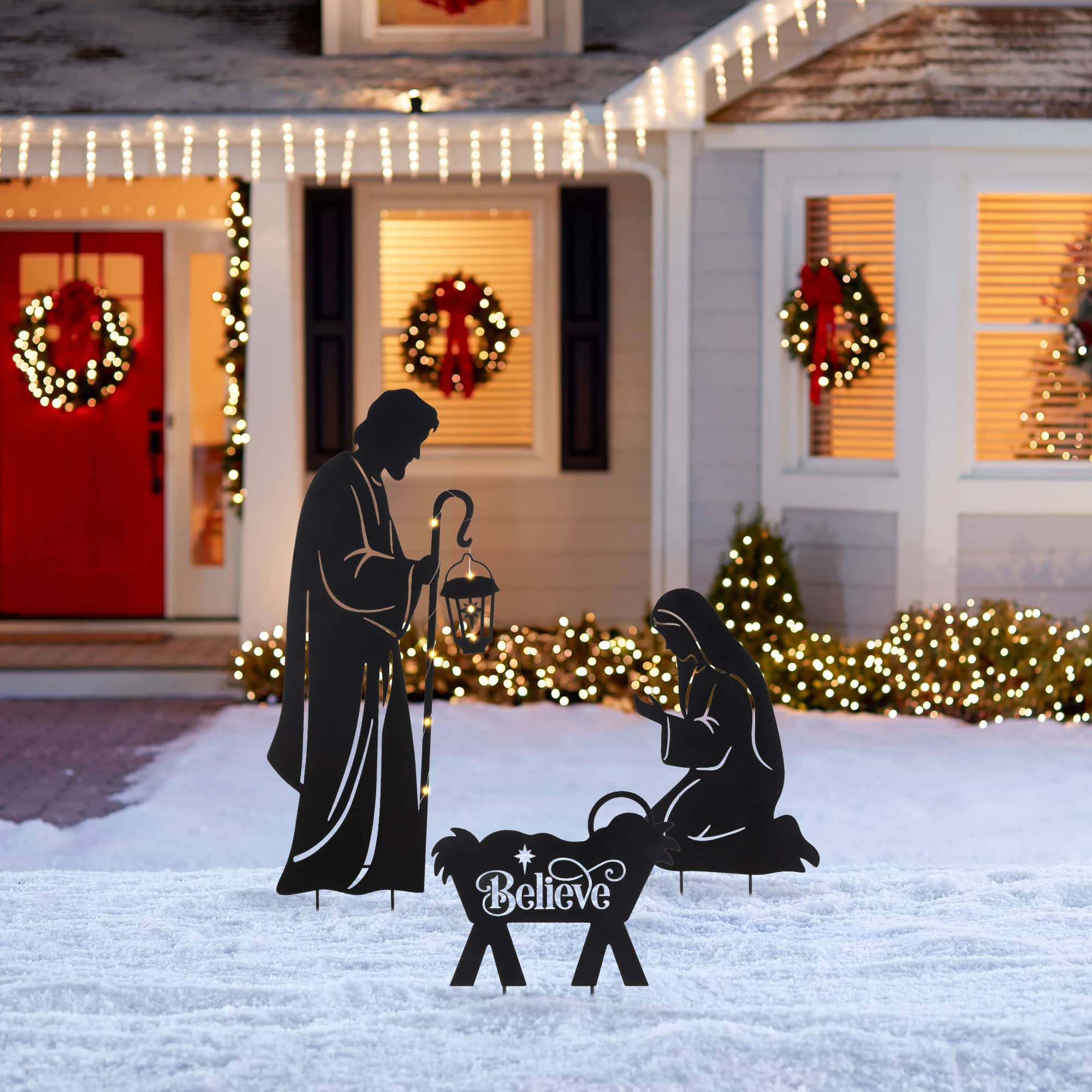 Glitzhome® Set of 3 Christmas Metal Silhouette Holy Family Yard Stake with Timer