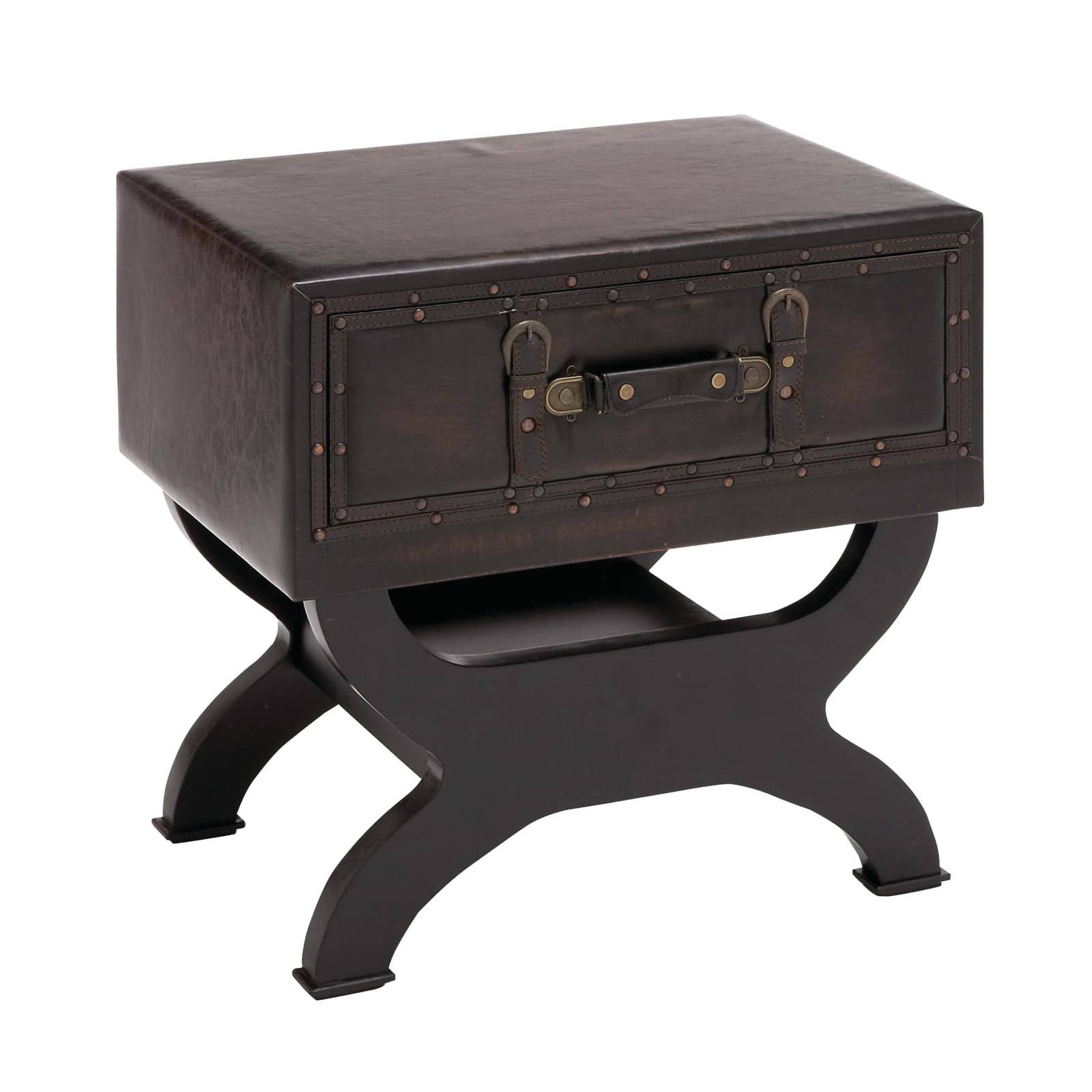 Brown Wood and Faux  Leather Traditional Accent Table, 22" x 22" x 16"