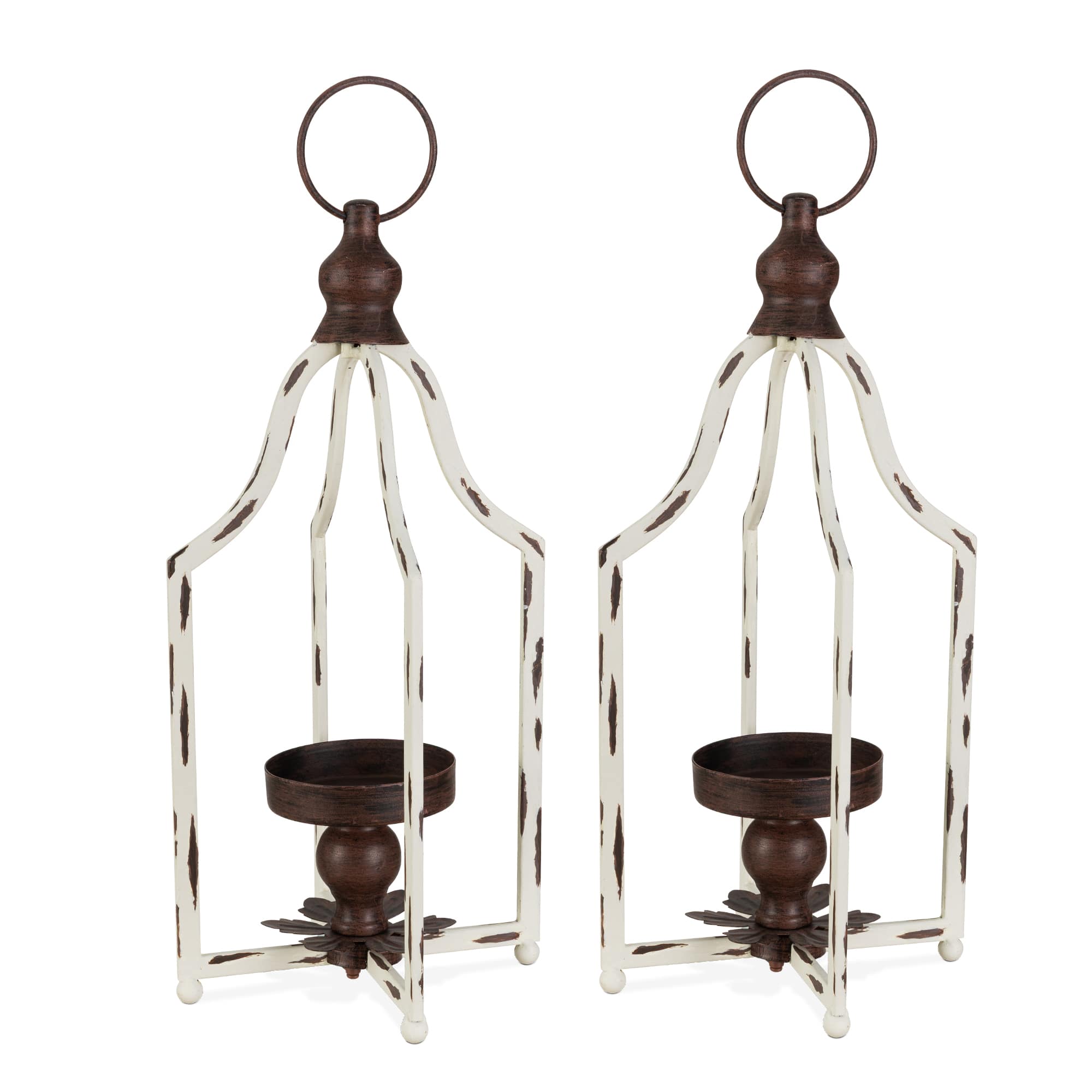Glitzhome® 16.5" Modern Farmhouse White & Brown Metal Candle Lanterns,2ct.