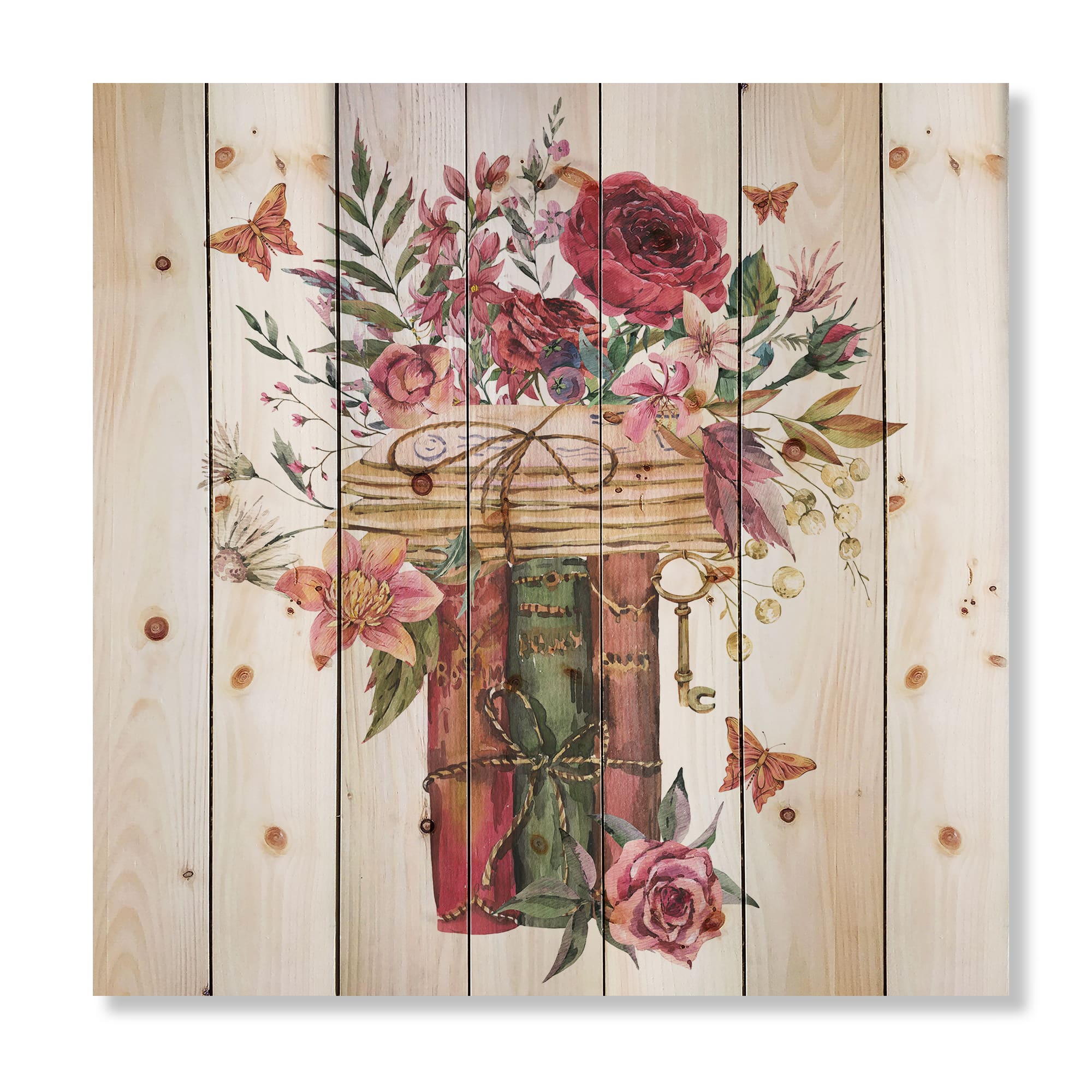 Designart - Vintage Old Books With Wildflowers - Farmhouse Print on Natural Pine Wood