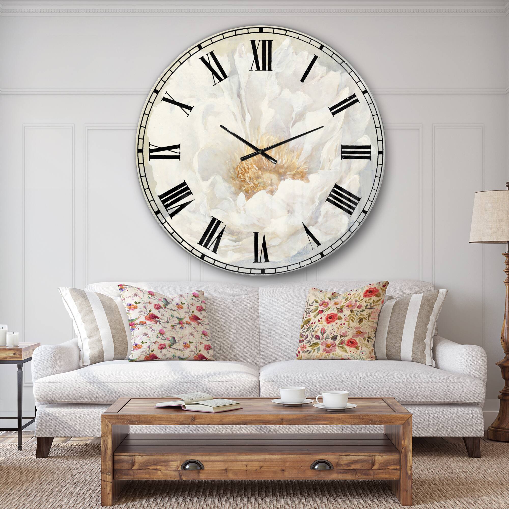 Designart White Serene Peony Traditional Wall Clock