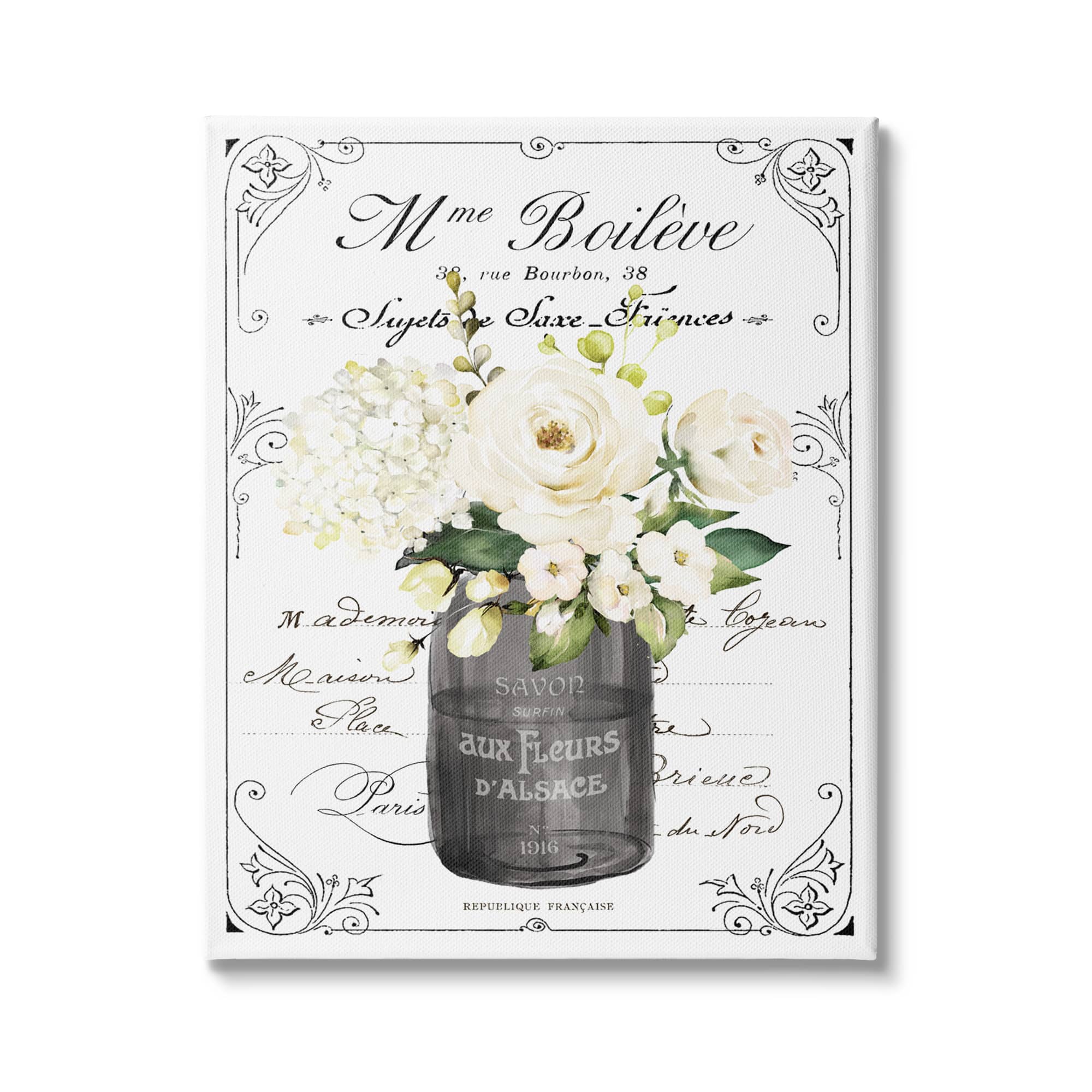 Stupell Industries Vintage Parisian Bathroom Floral Bouquet White Flowers Canvas Wall Art