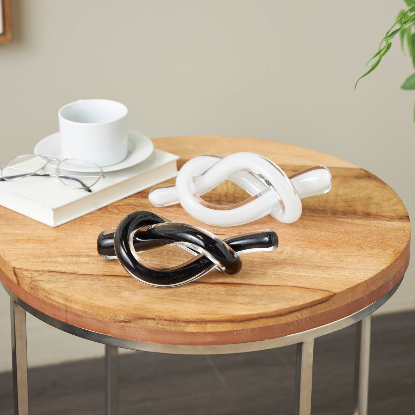 8.3" Black & White Glass Handmade Knot Sculptures, 2ct.