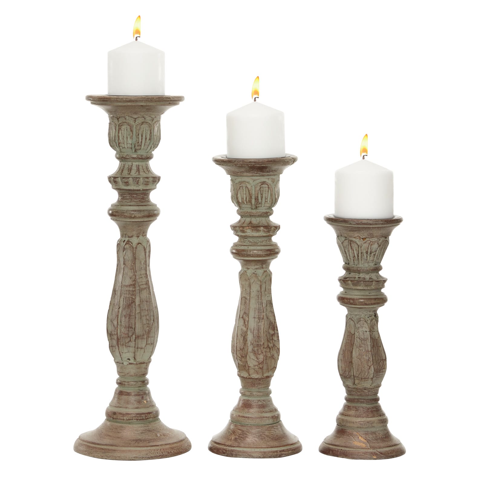 Brown Mango Wood Traditional Pillar Candle Holder Set