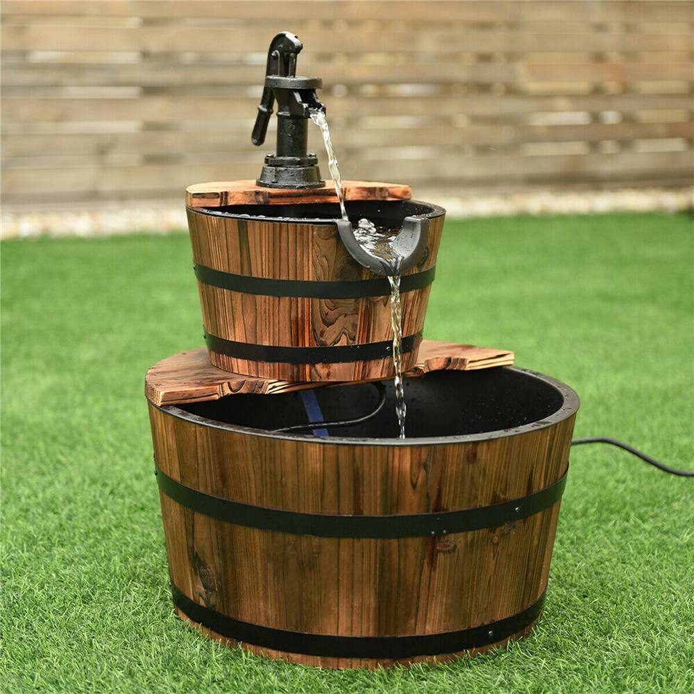 Costway 2-Tier Barrel Wooden Waterfall Fountain