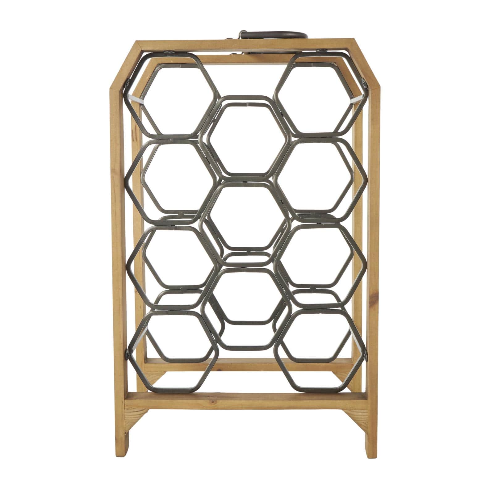 12" x 9" x 20" Brown Geometric 11 Slot Wooden Wine Rack with Gray Metal Curved Teardrop Holders