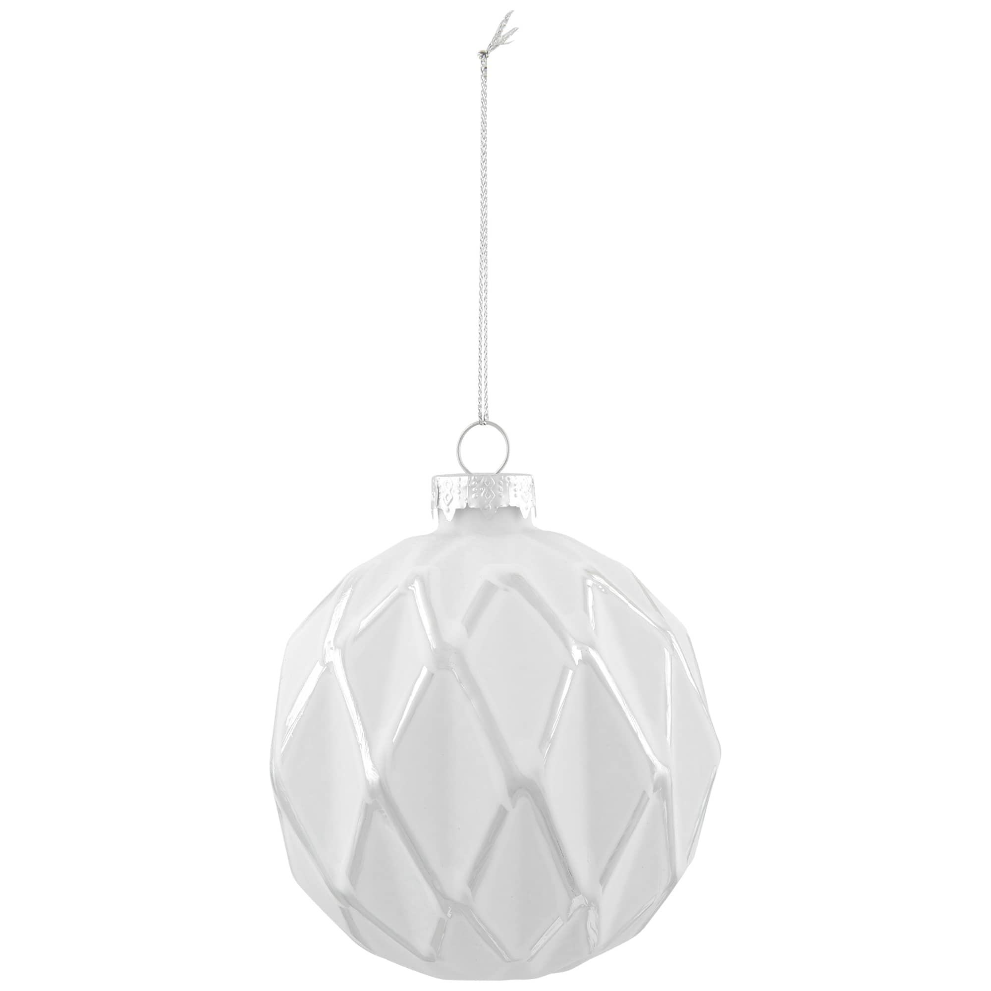 Embossed Diamond Christmas Glass Ball Ornaments - 4" (100mm) - White - 4ct
