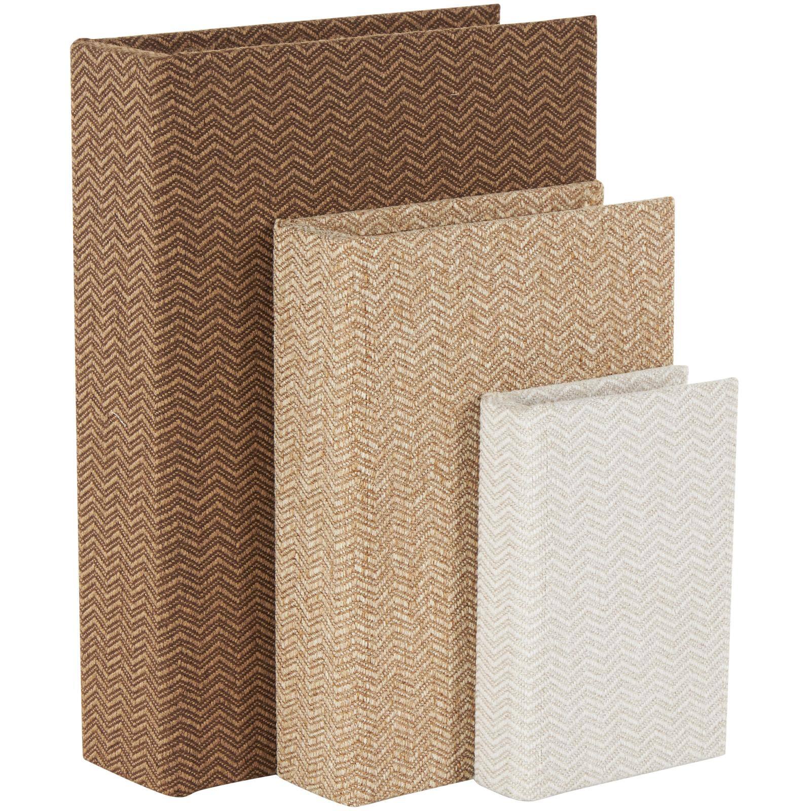 Brown & Cream Linen Fabric Chevron Patterned Decorative Book Storage Box, 3ct.