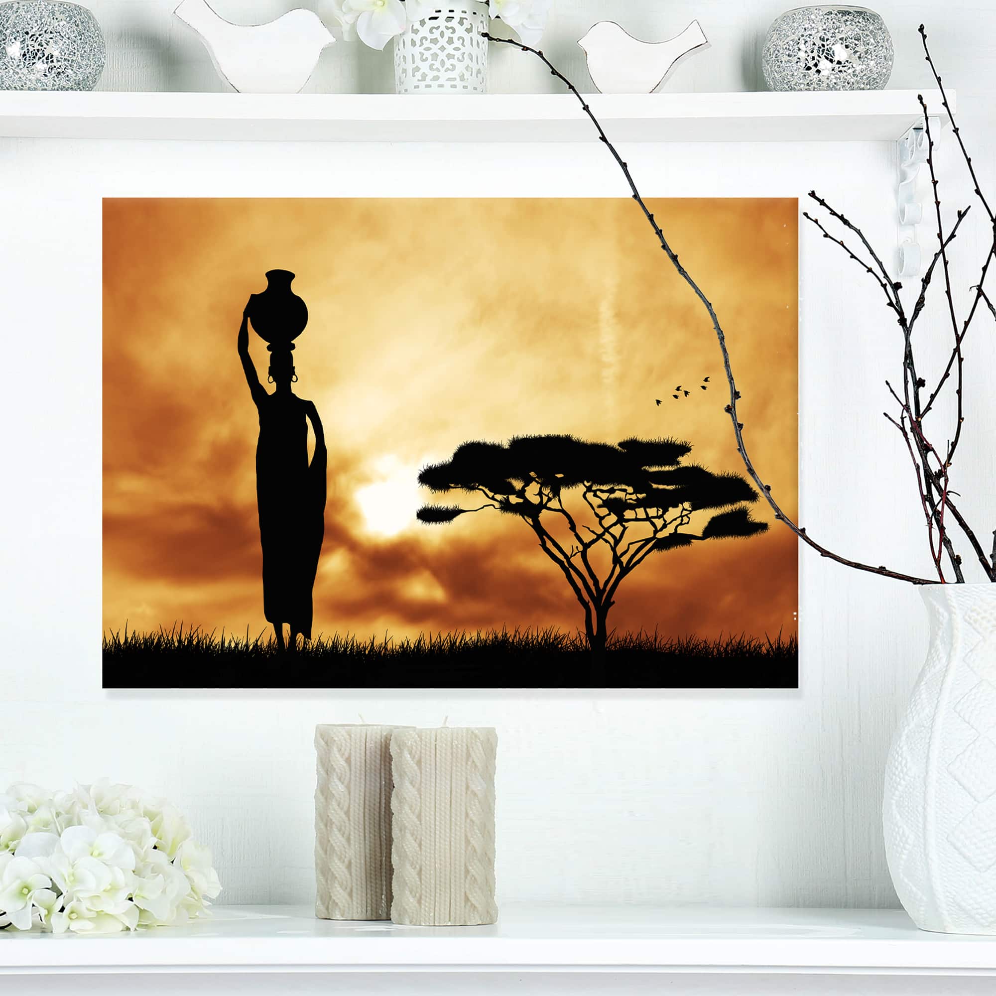 Designart - African Woman and Lonely Tree - African Landscape Canvas Art Print