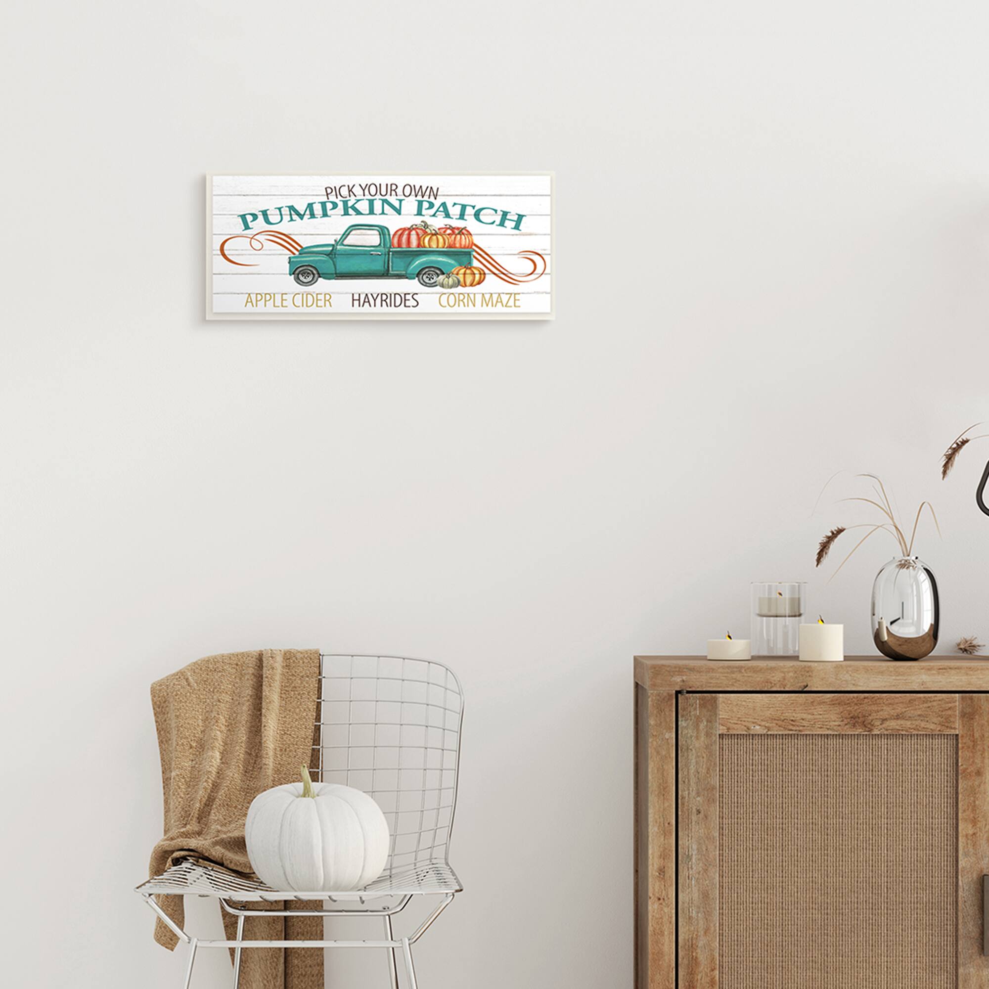 Stupell Industries Turquoise Truck Autumn Harvest Pumpkin Patch Sign Wood Wall Plaque