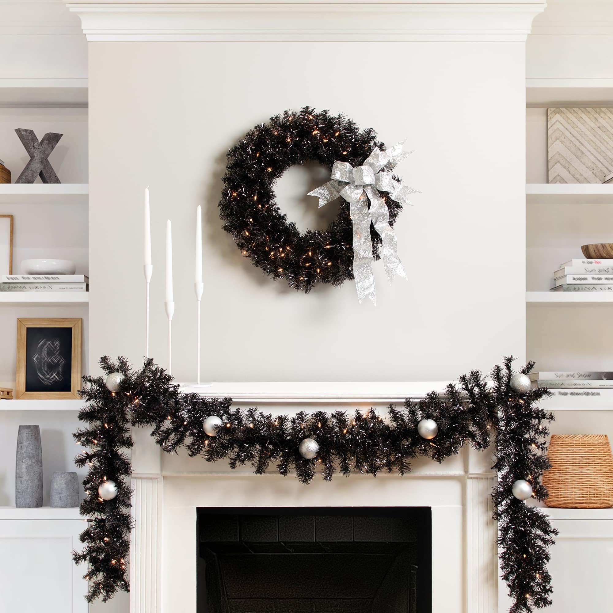 9ft. Pre-Lit Black Tinsel Garland, Clear Lights