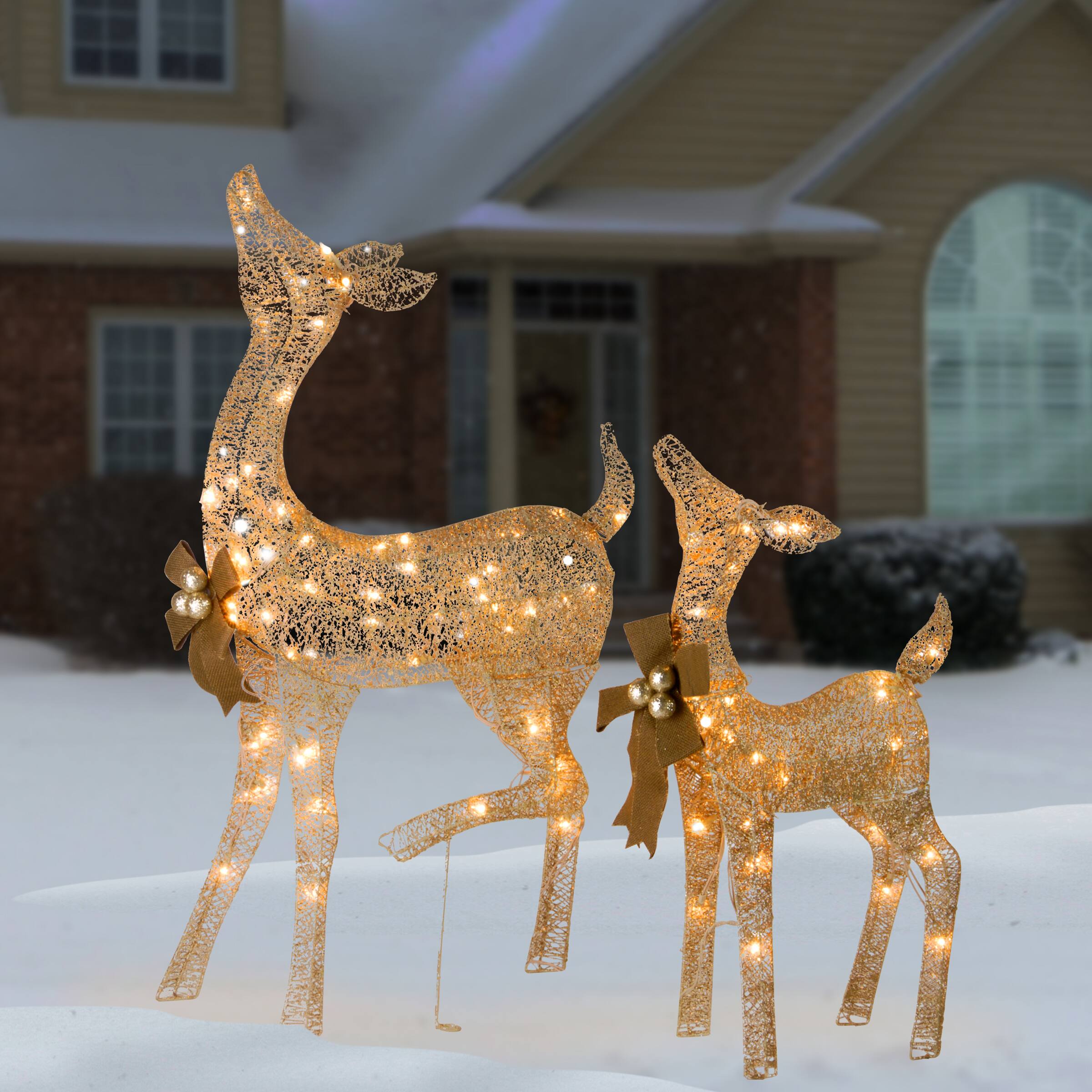 Crystal Splendor Champagne Doe and Fawn with 105 LED Mini Lights