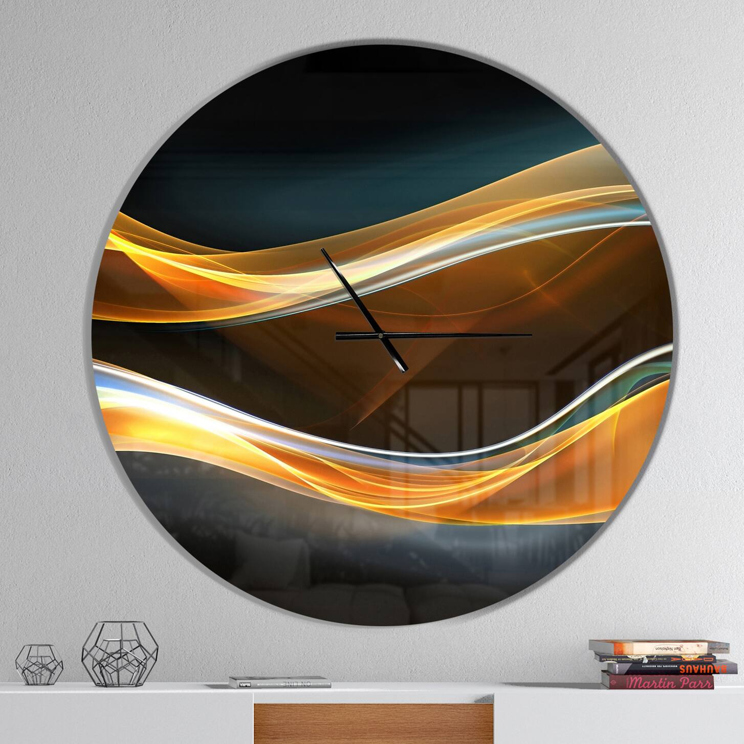 Designart 3D Gold Waves In Black Modern Wall Clock