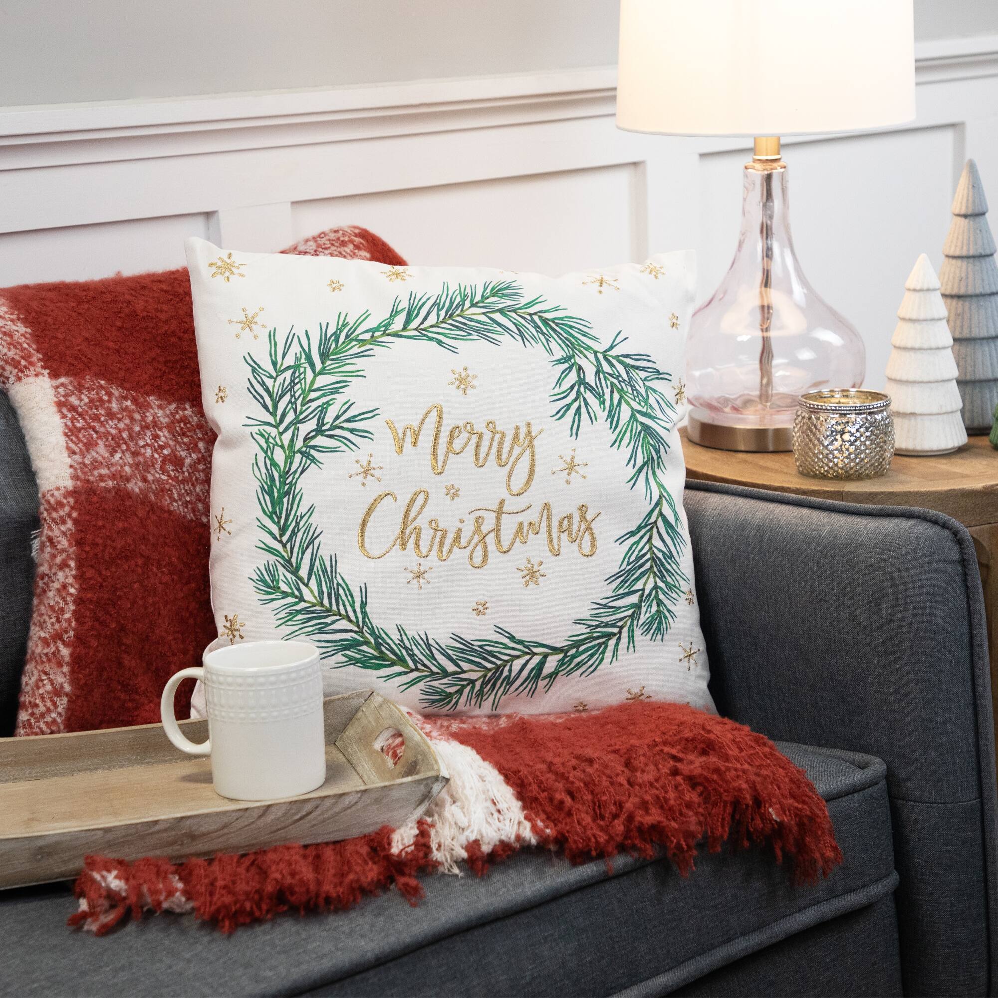 18" Embroidered "Merry Christmas" Wreath Cotton Square Throw Pillow