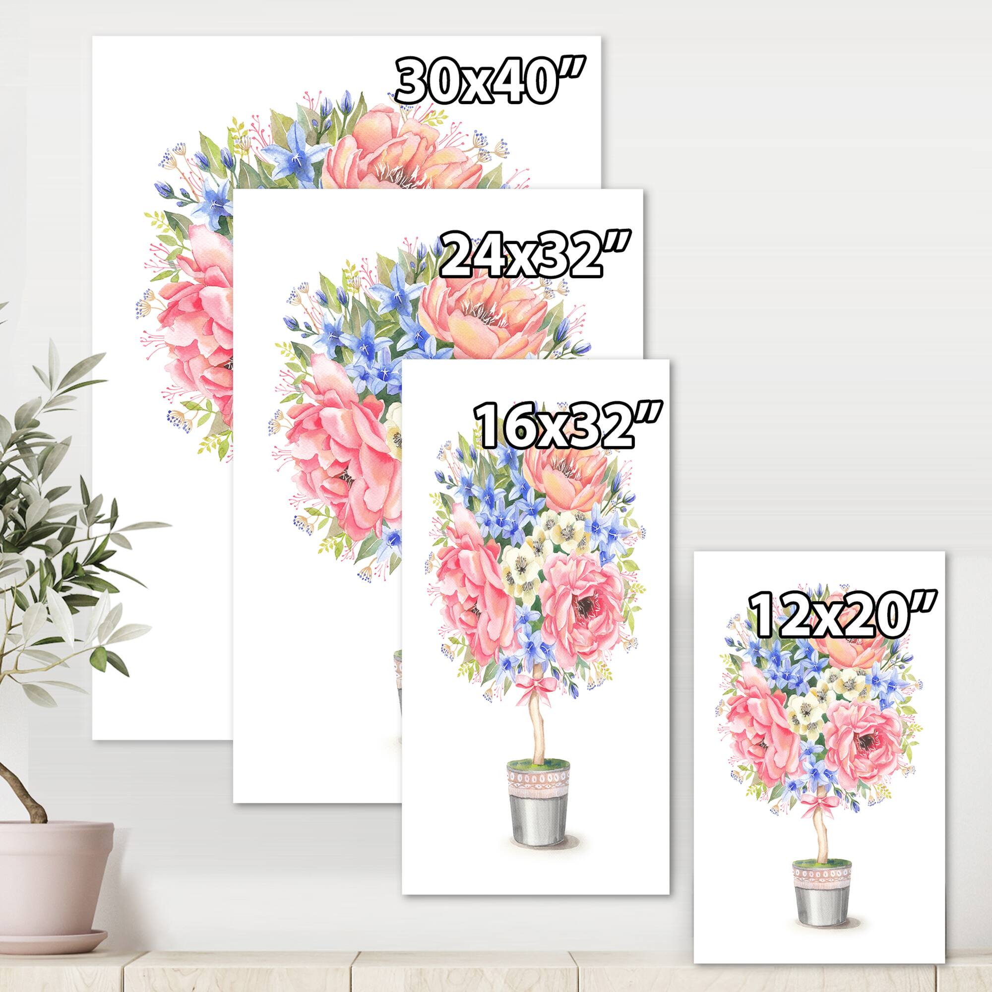 Designart - Flower Tree In A Pot With A Bow - Farmhouse Canvas Wall Art Print