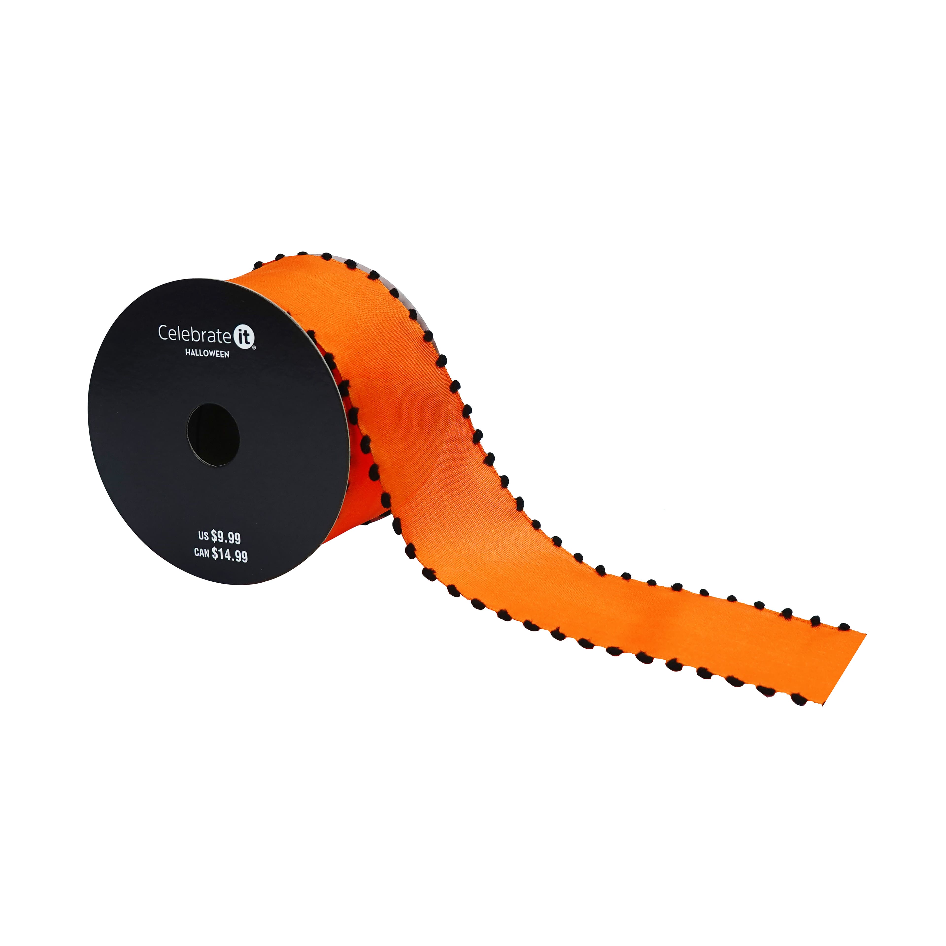 2.5" x 6.6yd. Orange & Black Pom Pom Wired Ribbon by Celebrate It®