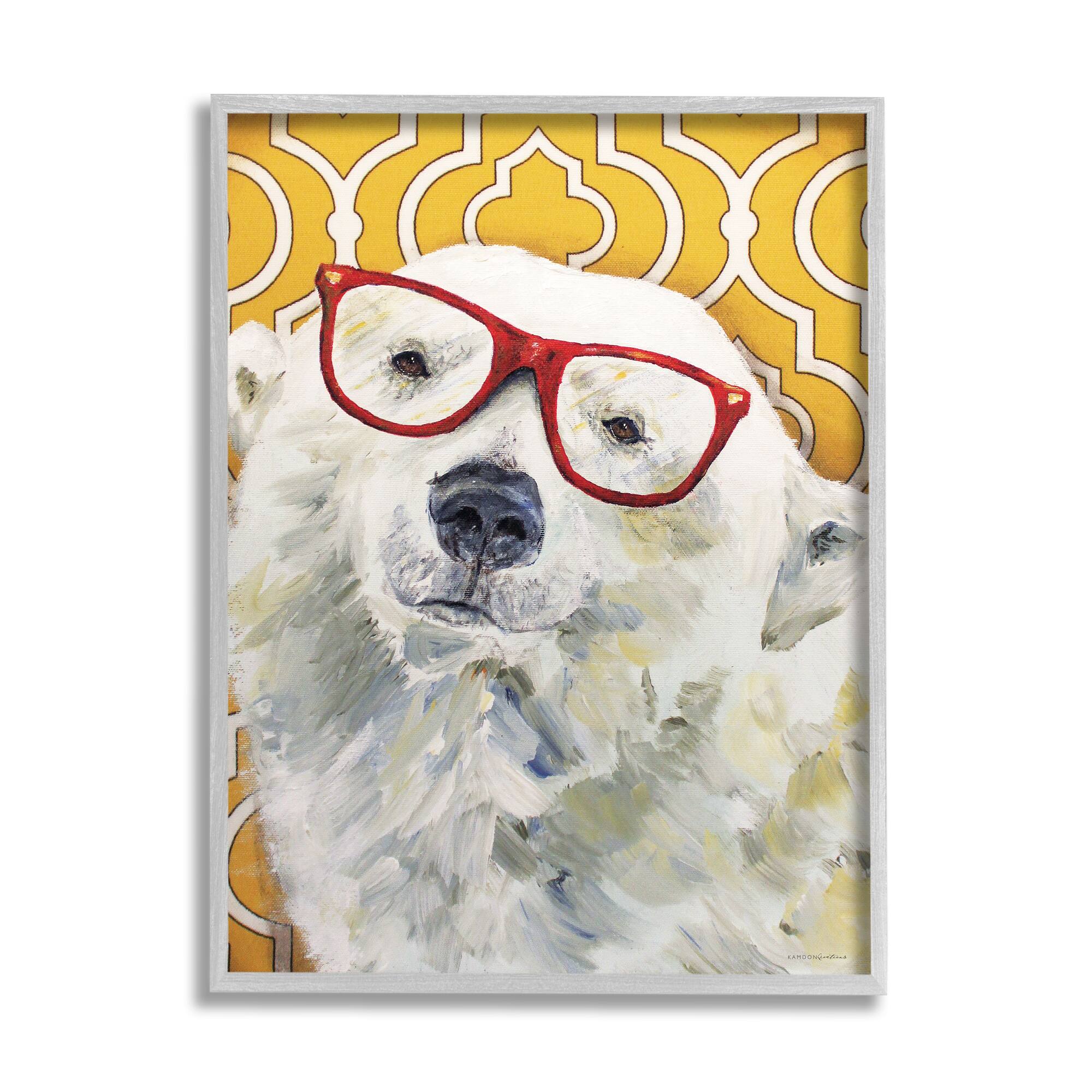 Stupell Industries Polar Bear Red Glasses Bold Yellow Geometric Pattern Framed Wall Art
