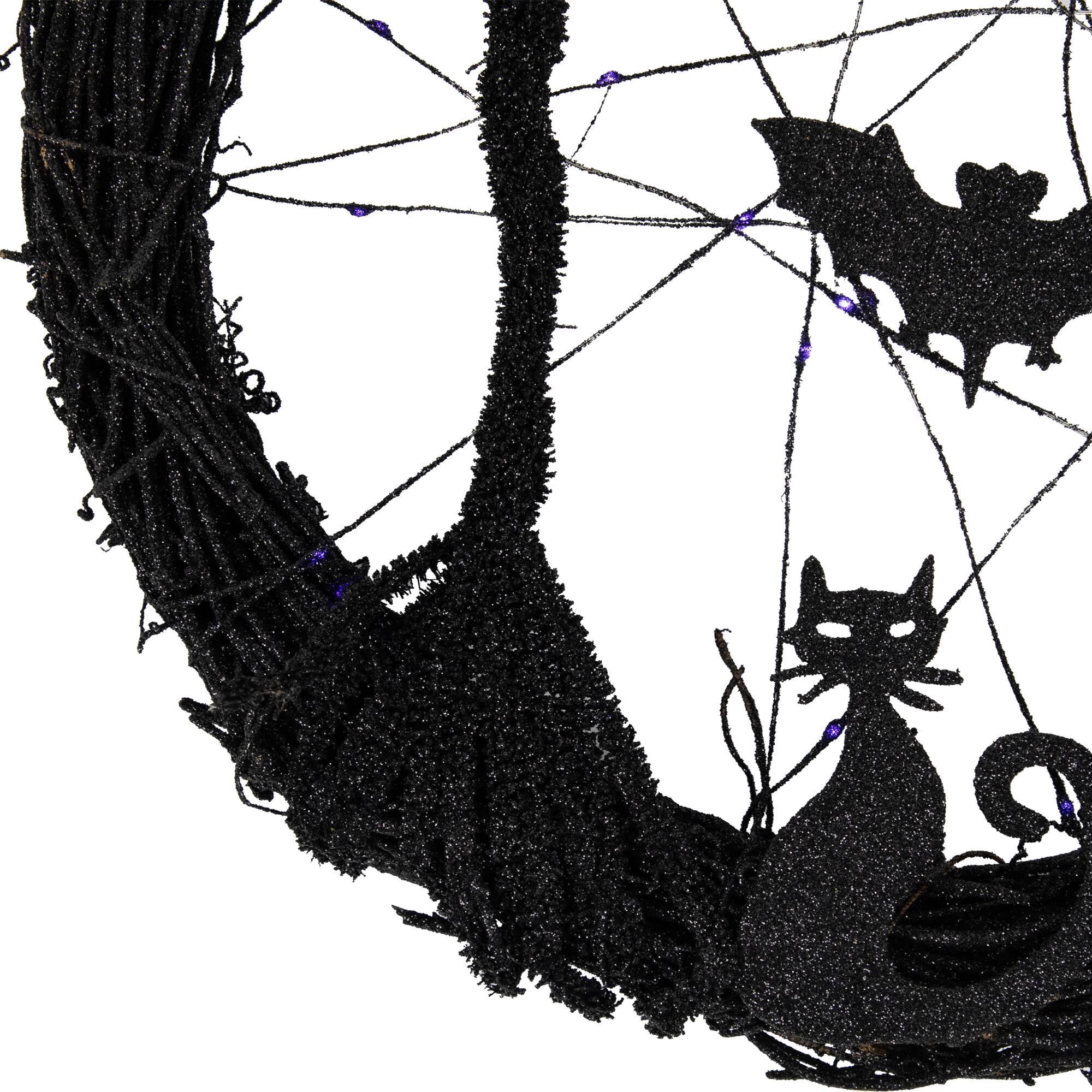 13" Black & Purple LED Halloween Twig Wreath with Bats