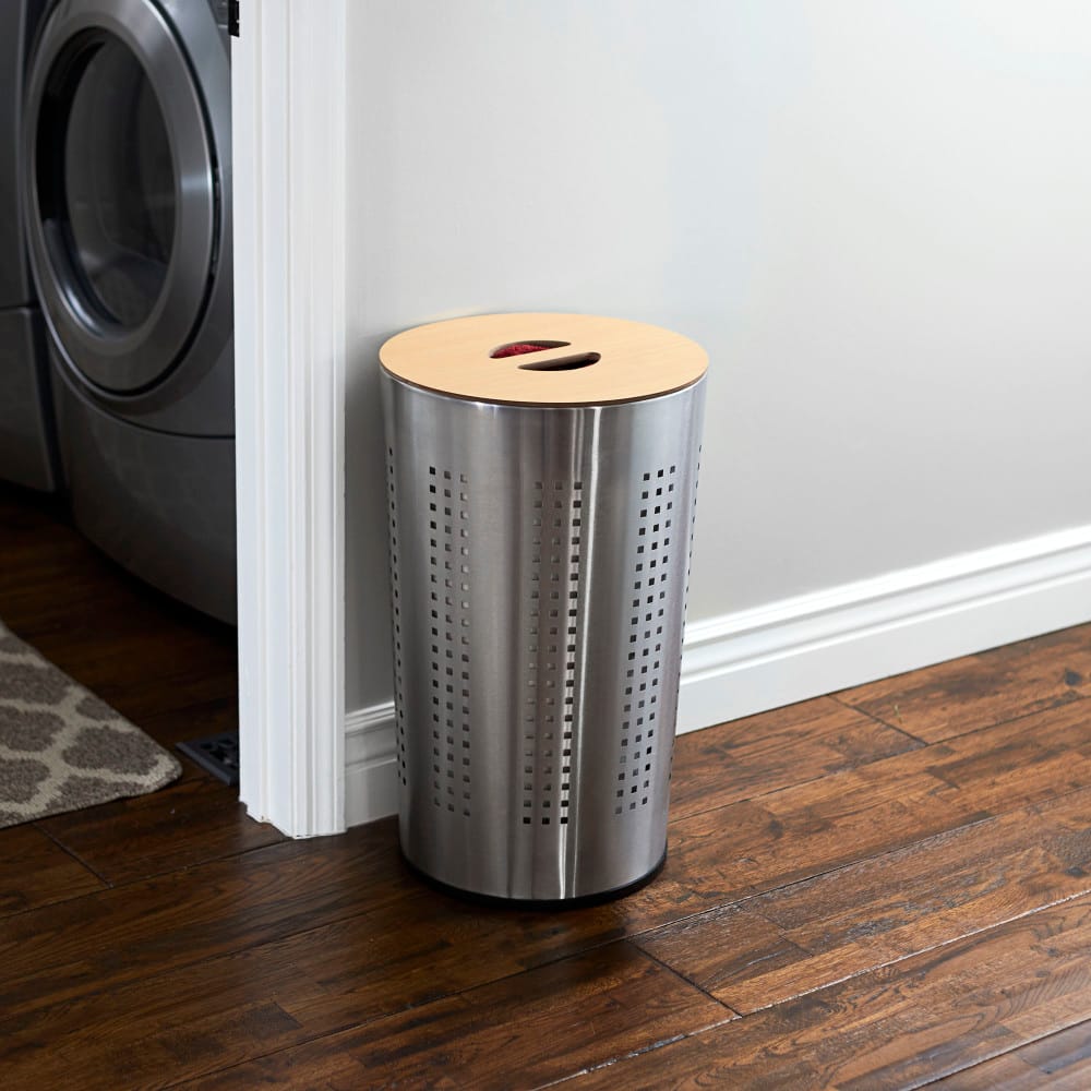 Household Essentials Round Metal Hamper with Engineered Wooden Lid