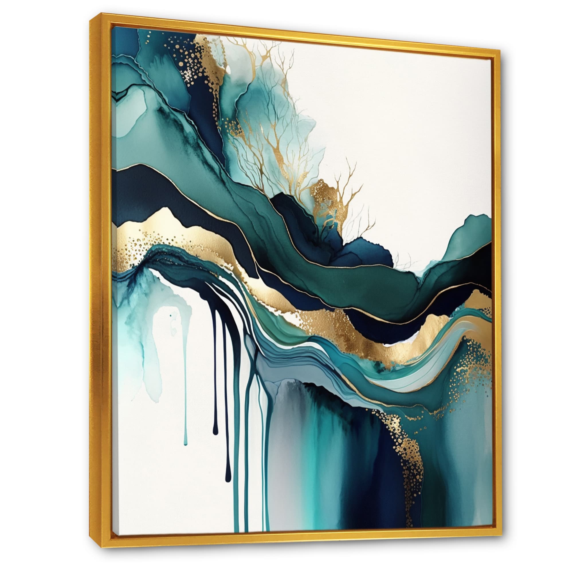 Designart 'Teal And Gold Abstract Expression IV' Modern Framed Canvas Wall Art