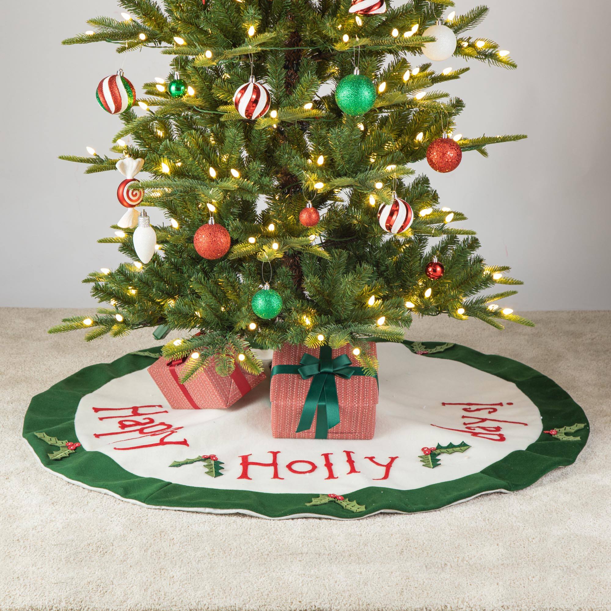 Glitzhome® 48" Dimensional Christmas Holly Leaves Felt Tree Skirt