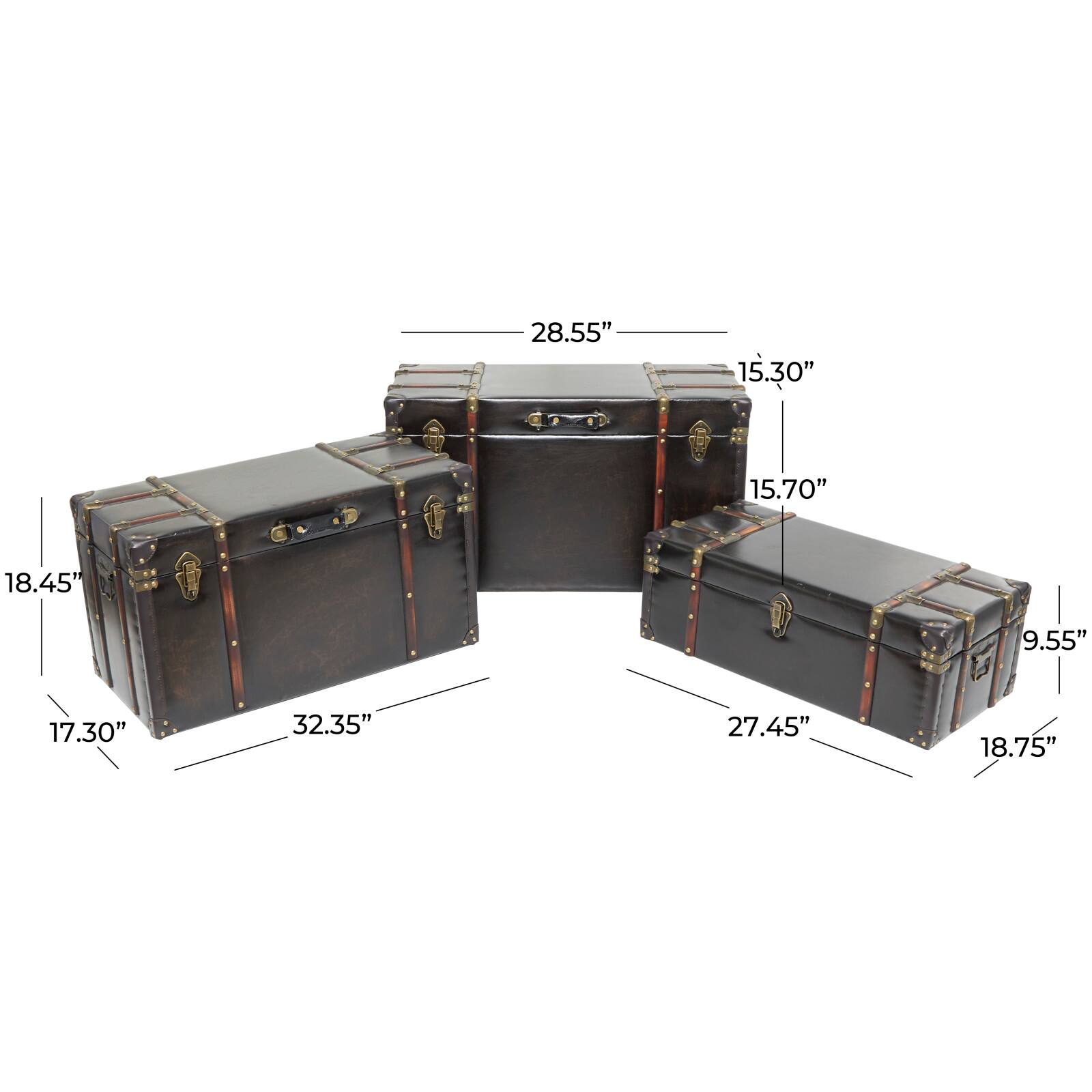 Dark Brown Faux Leather Studded Trunk with Latches & Handles Set